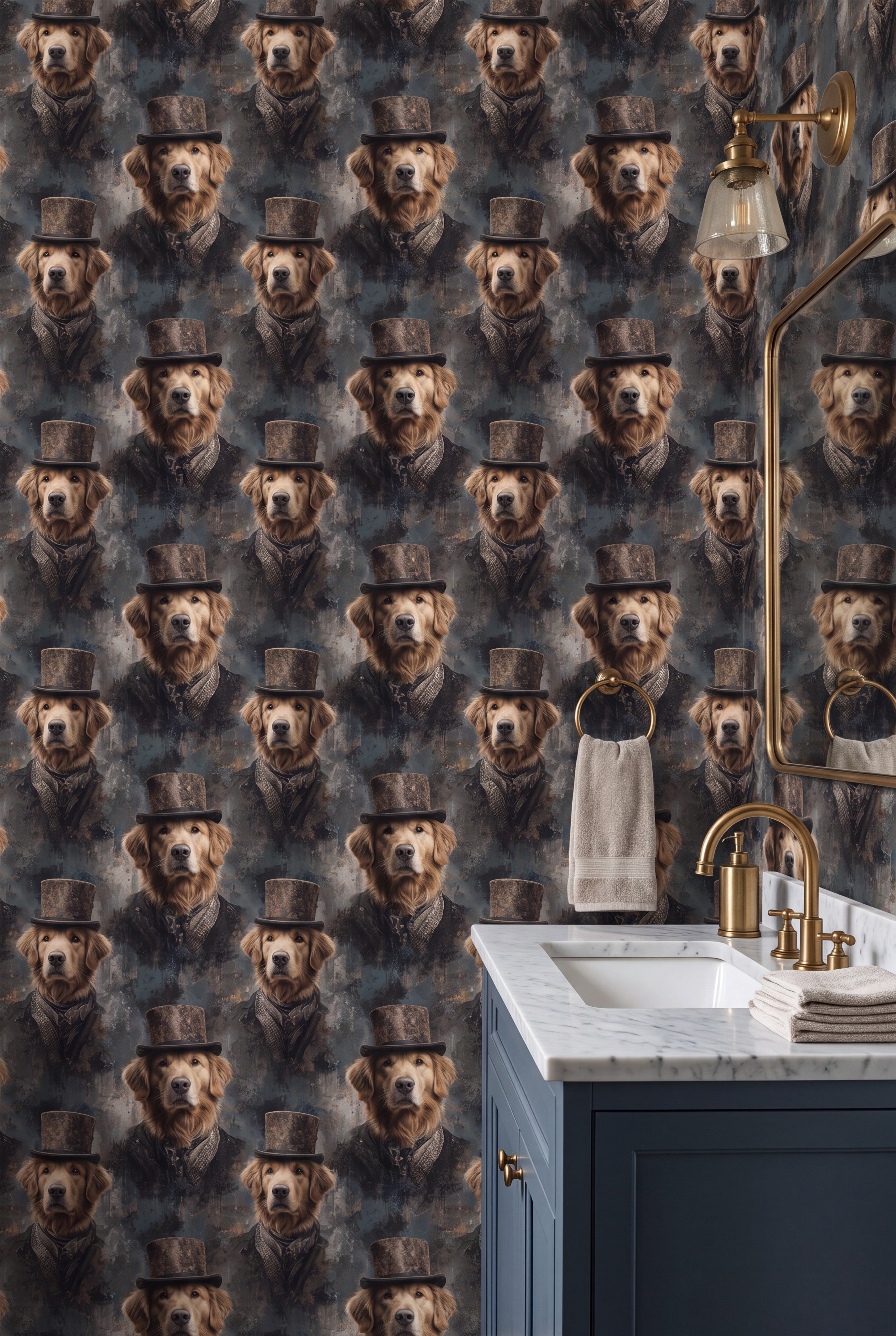 Good Boy Esquire wallpaper shown in a powder room