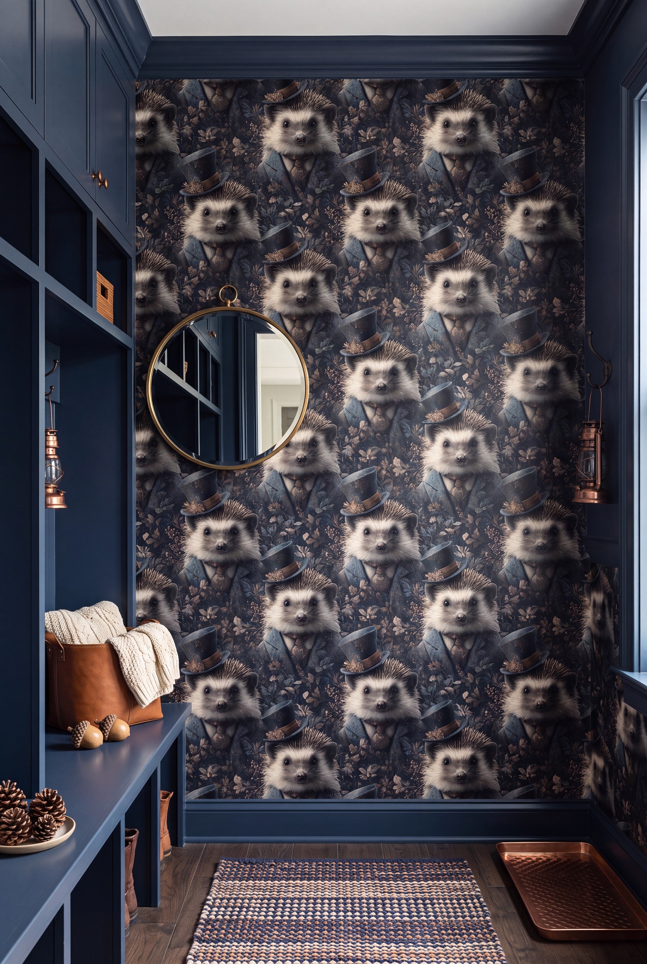 Thistle Crown wallpaper shown in a mudroom