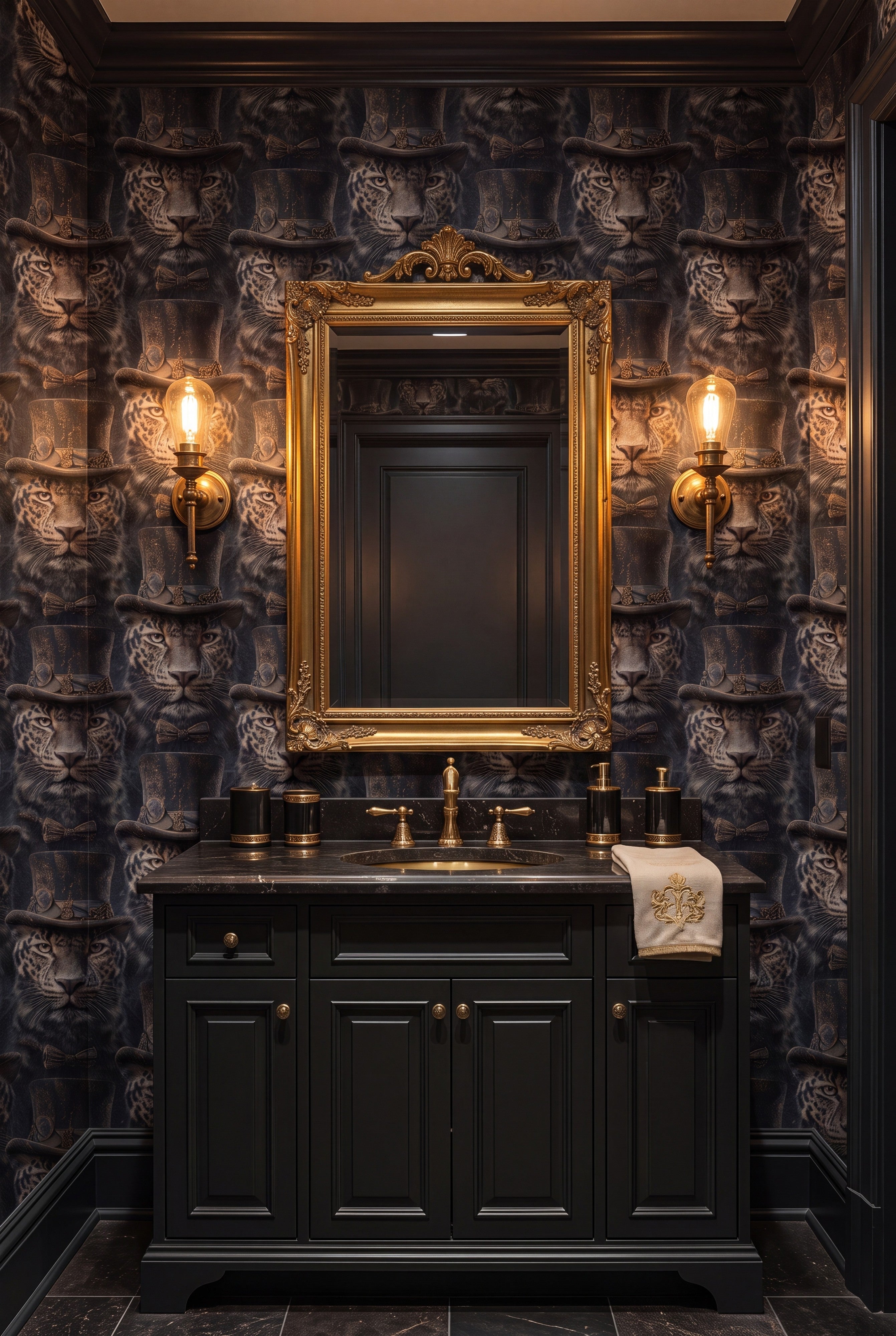 Rosette Royal wallpaper shown in a powder room