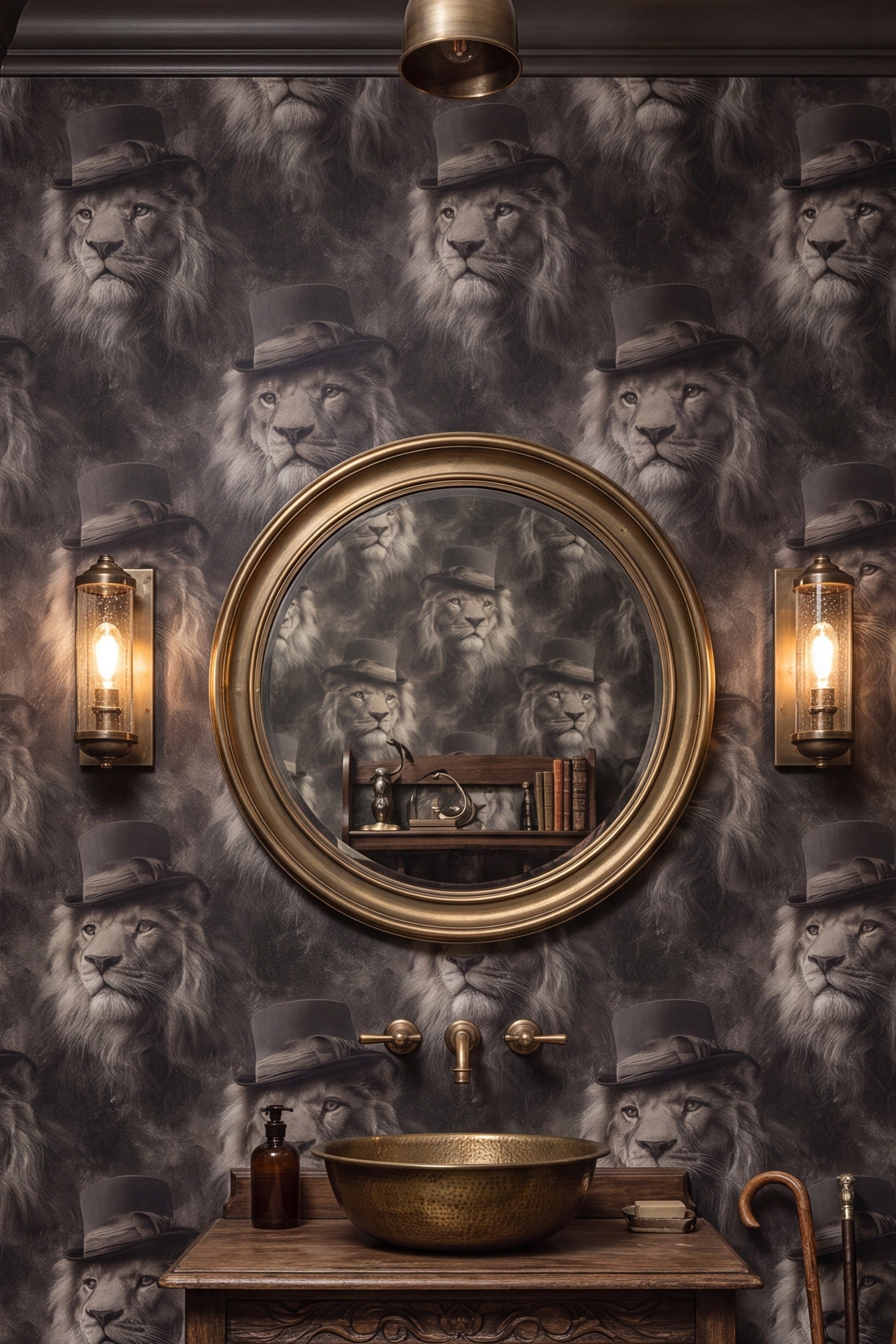 Ash King wallpaper shown in a powder room