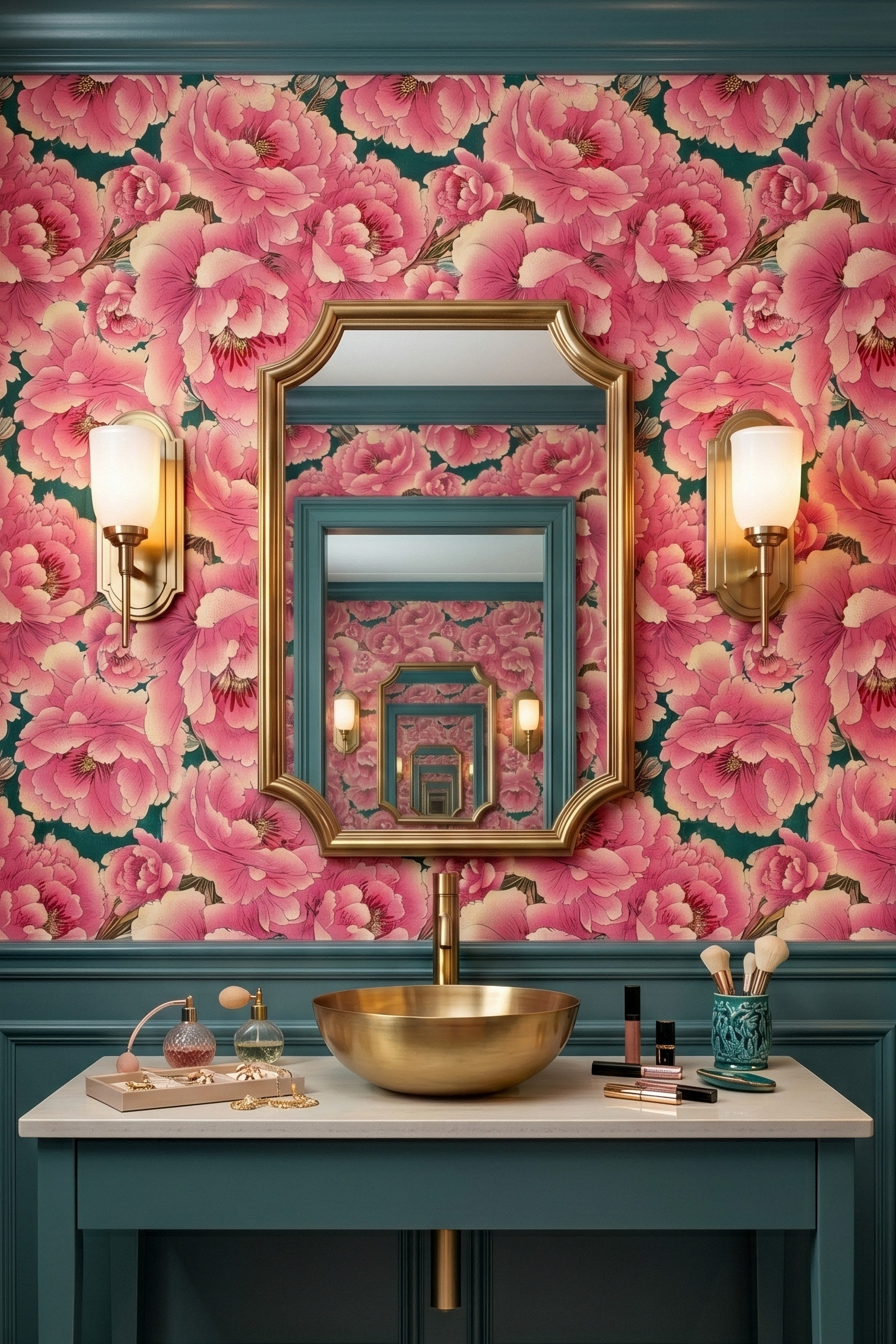 Peony Pavilion wallpaper shown in a powder room