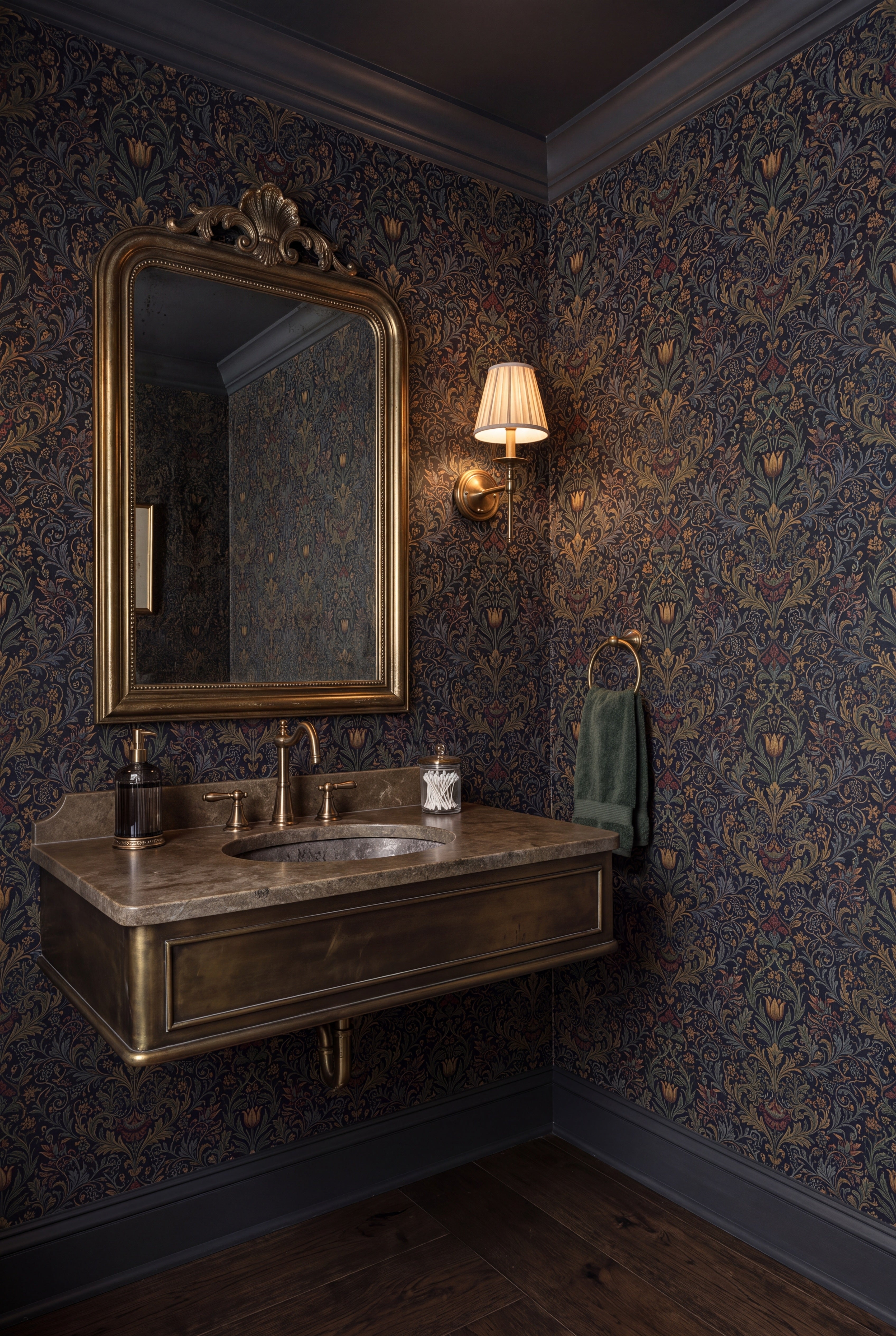 Gilded Tulip wallpaper shown in a powder room