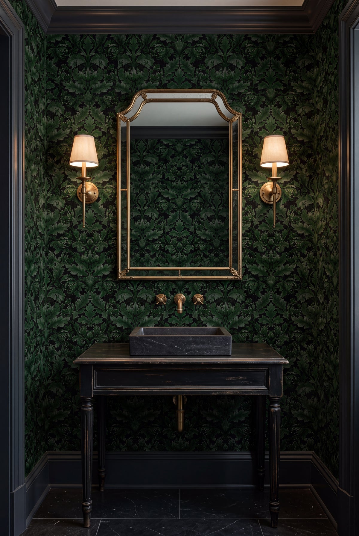 Emerald Acanthus wallpaper shown in a powder room