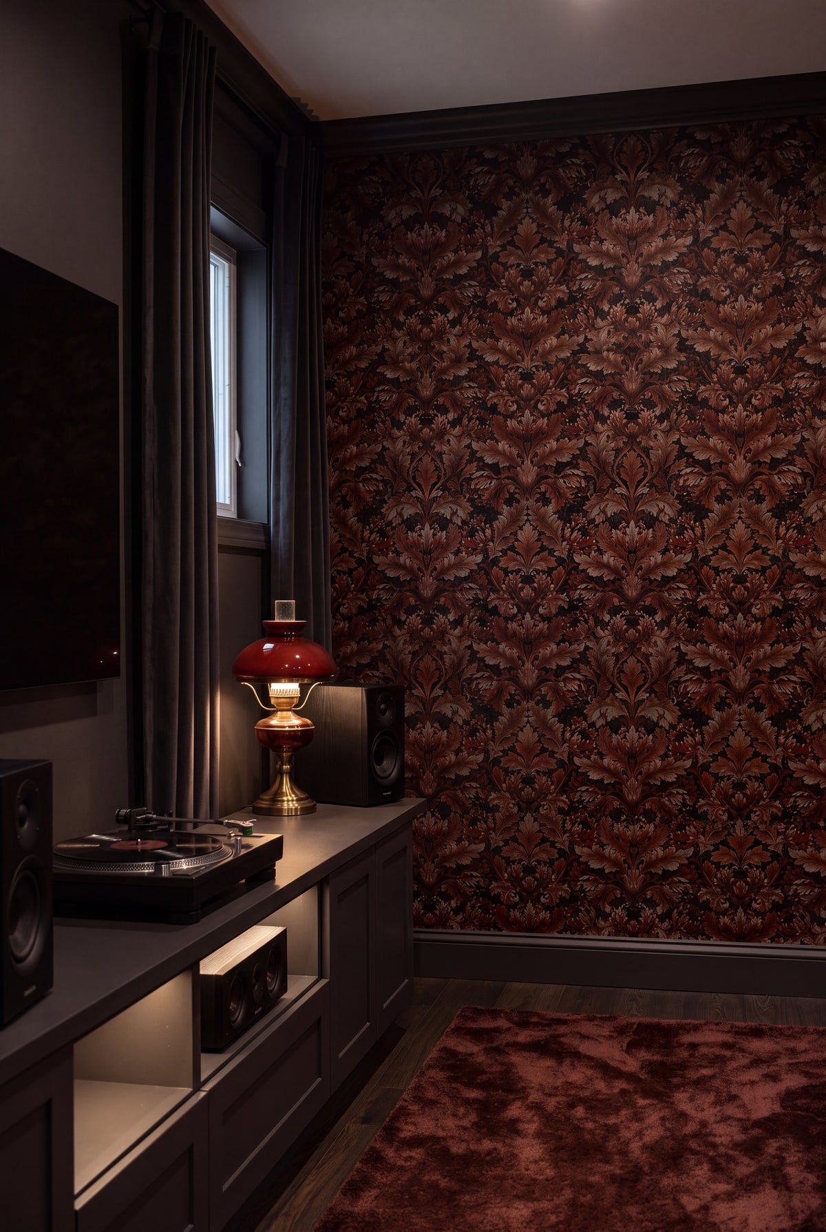 Oxblood Acanthus wallpaper shown in a media room