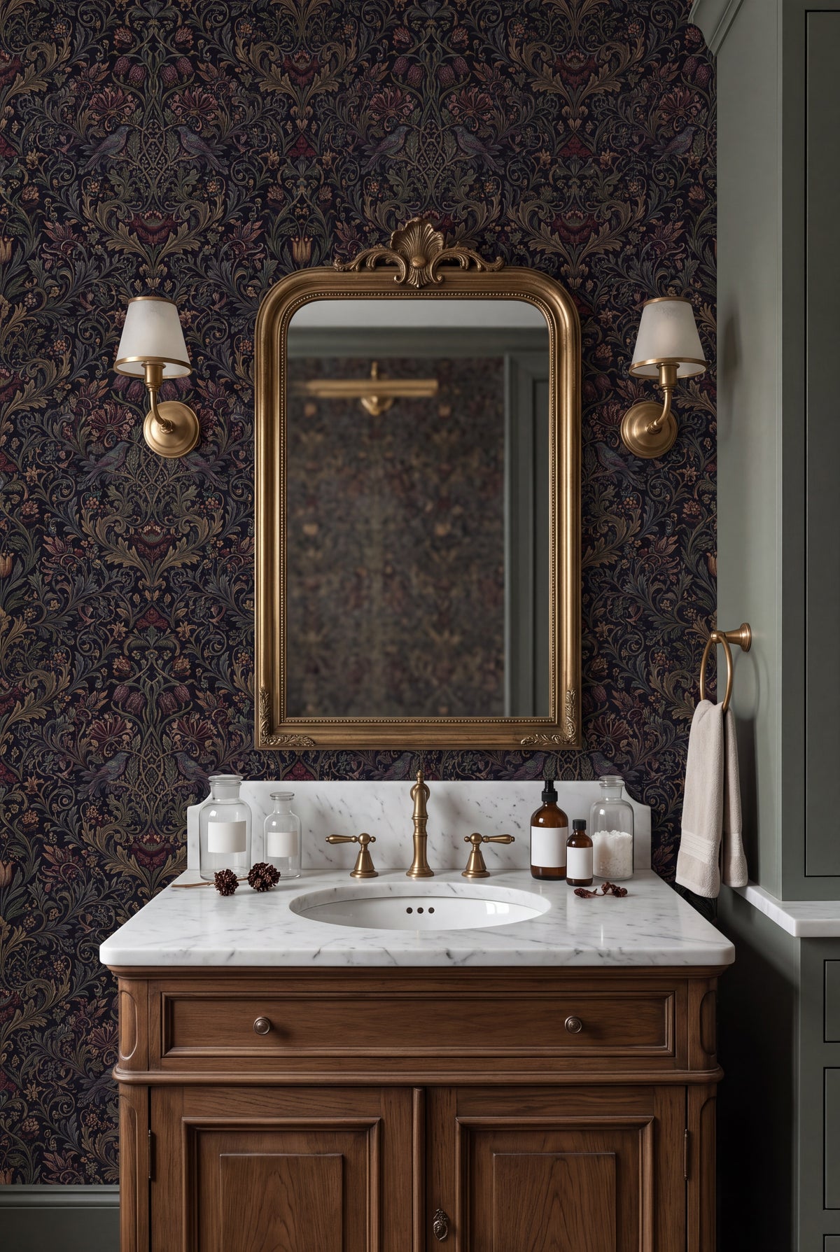 Midnight Aviary wallpaper shown in a powder room