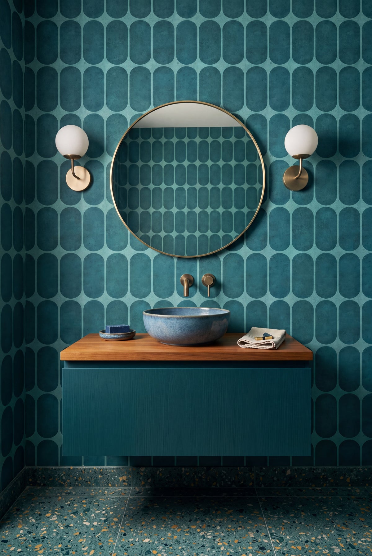 Lagoon Arcade wallpaper shown in a powder room