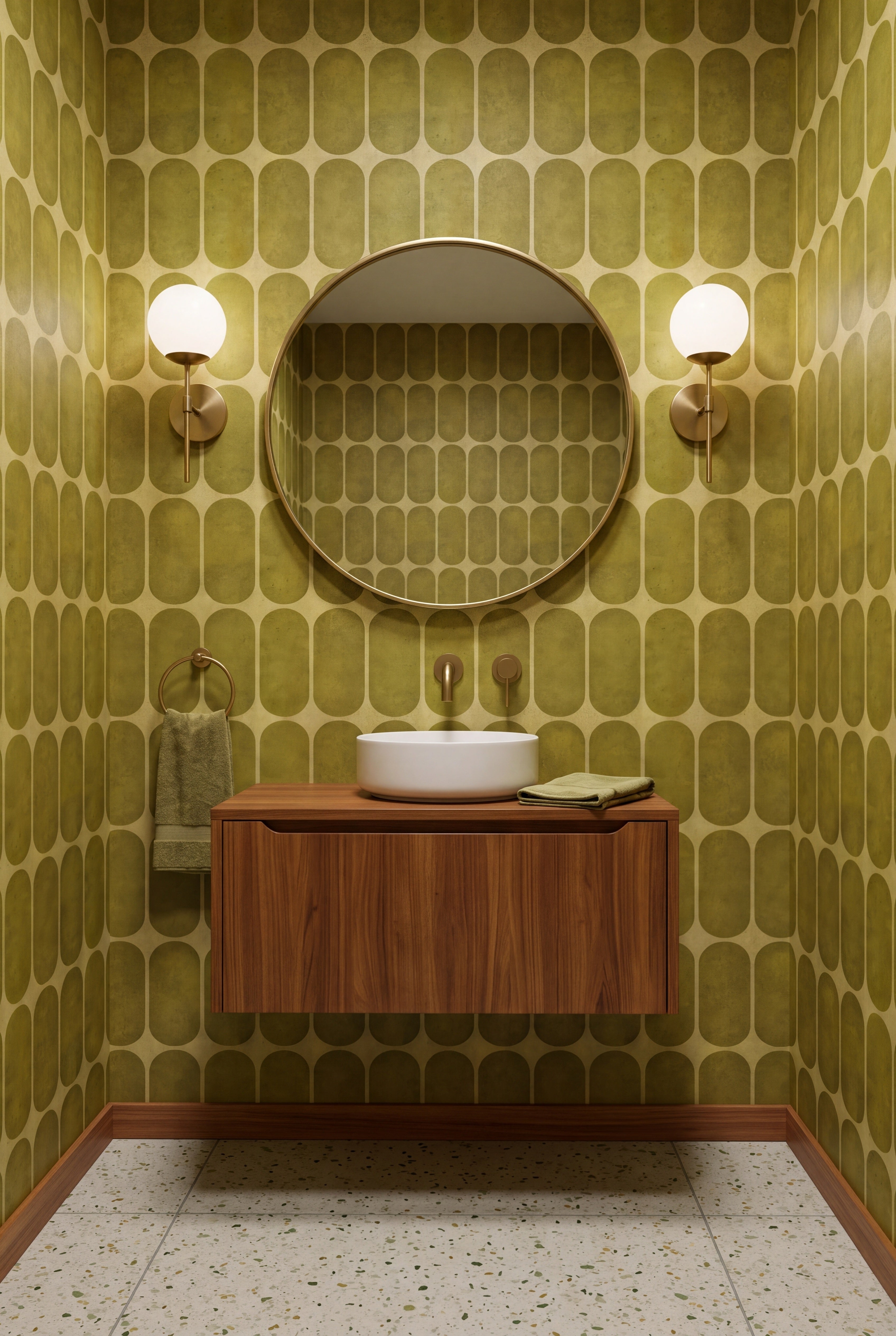 Citron Arcade wallpaper shown in a powder room
