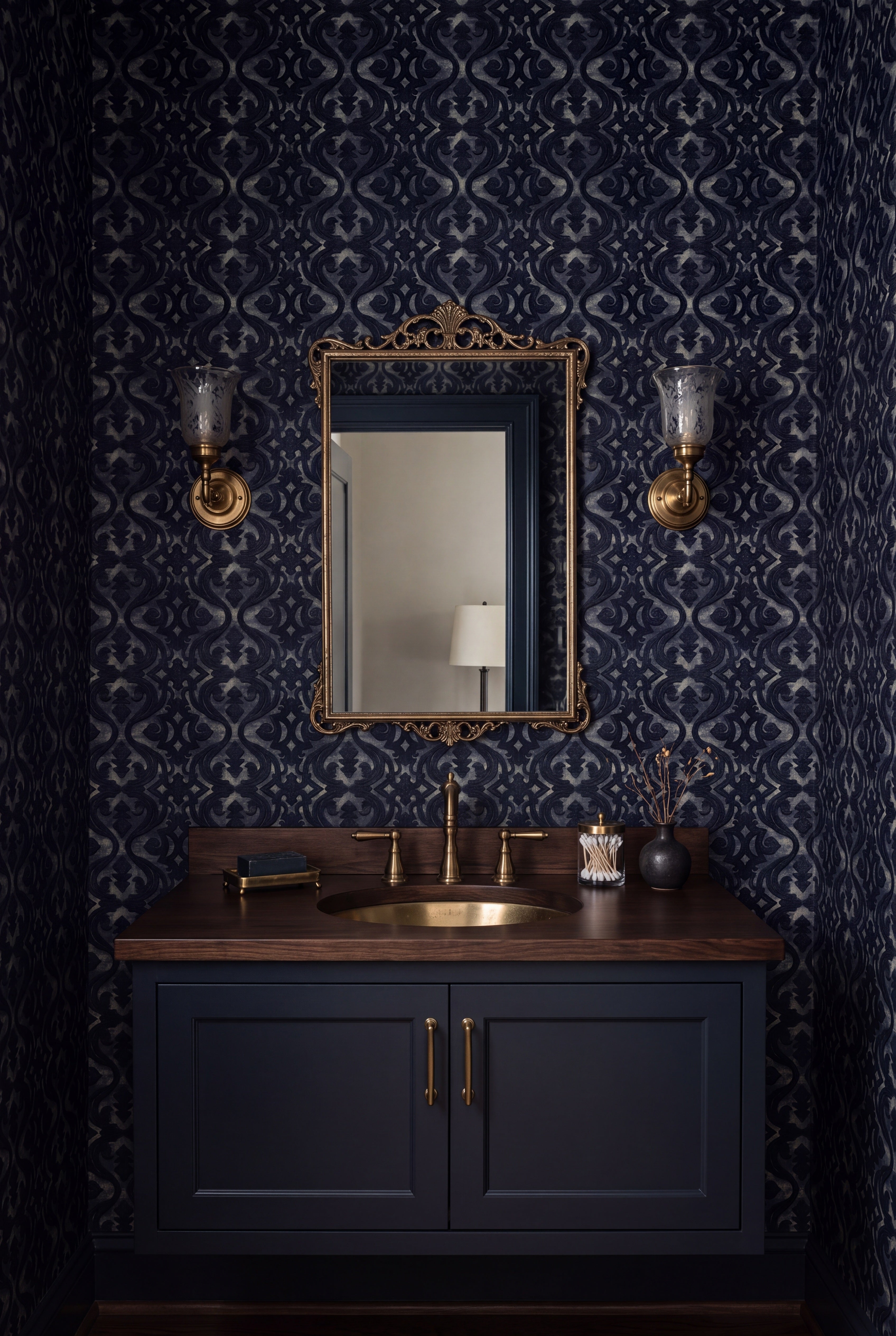 Ink Scroll wallpaper shown in a powder room