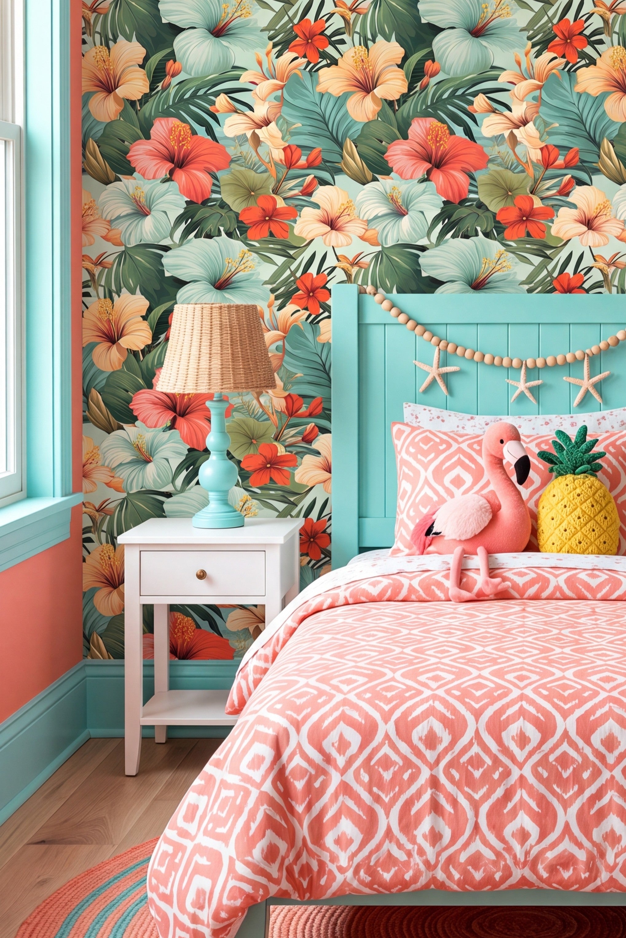 Tiki Teal wallpaper shown in a kids' room