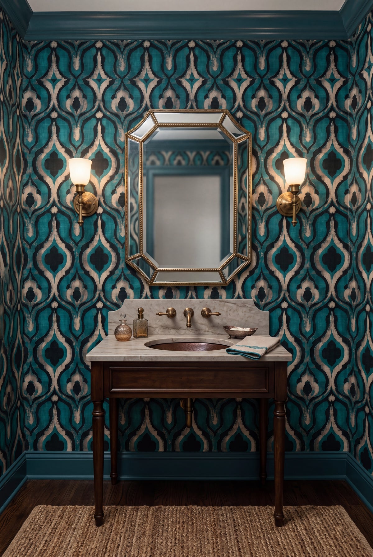 Teal Lantern wallpaper shown in a powder room