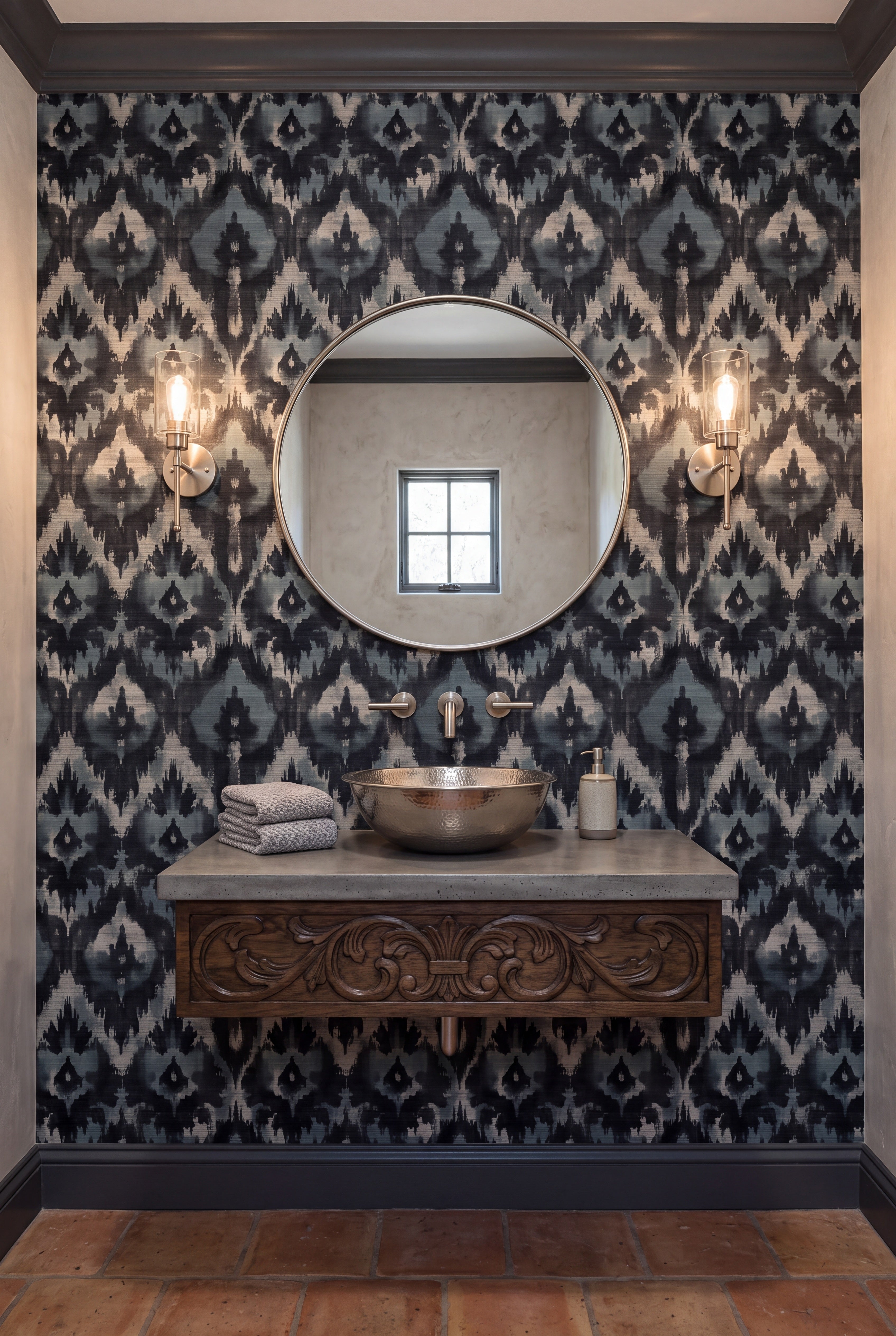 Indigo Ikat wallpaper shown in a powder room