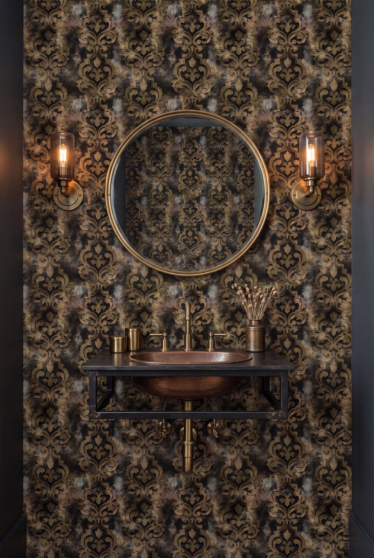 Gilded Relic wallpaper shown in a powder room