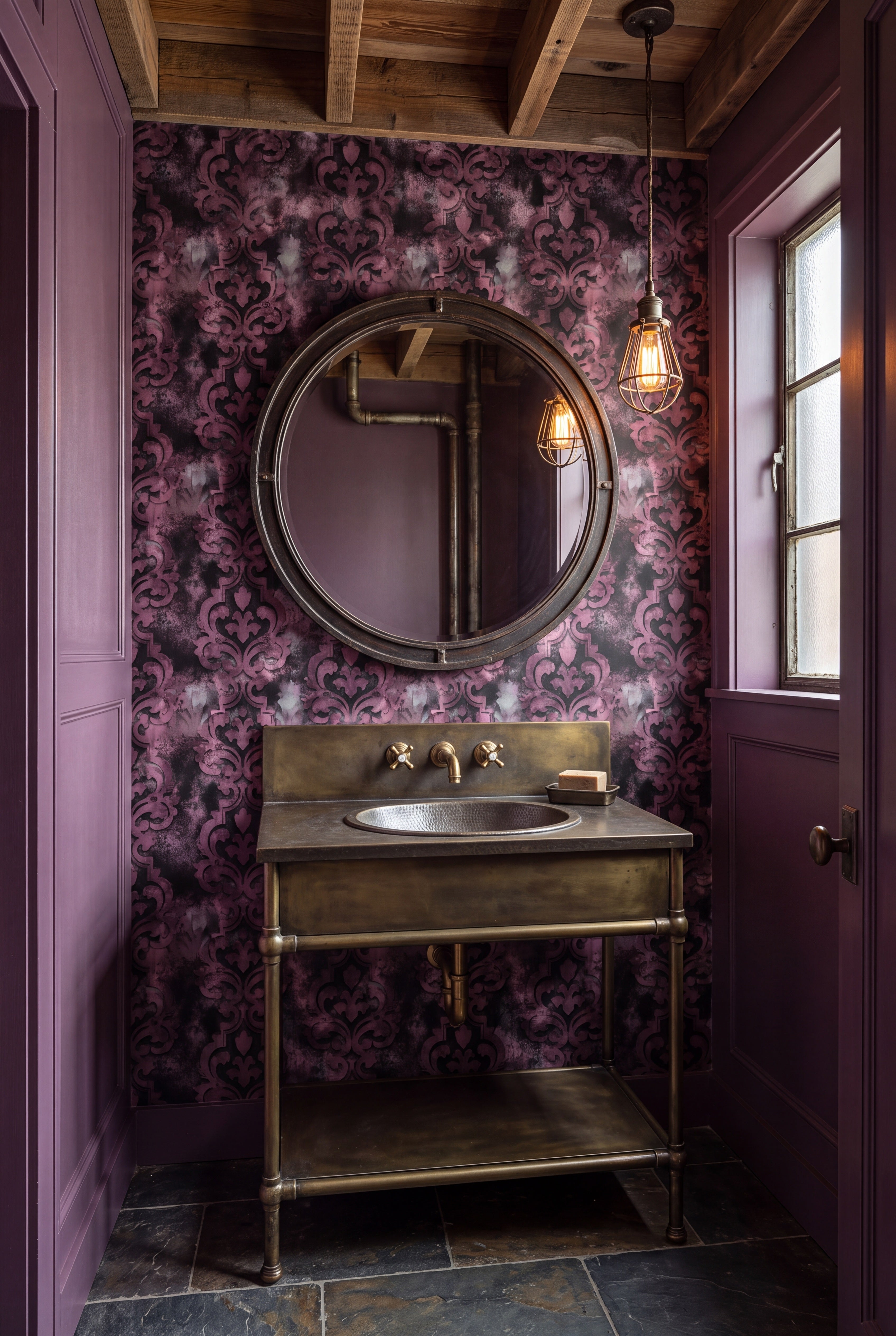 Mauve Relic wallpaper shown in a powder room