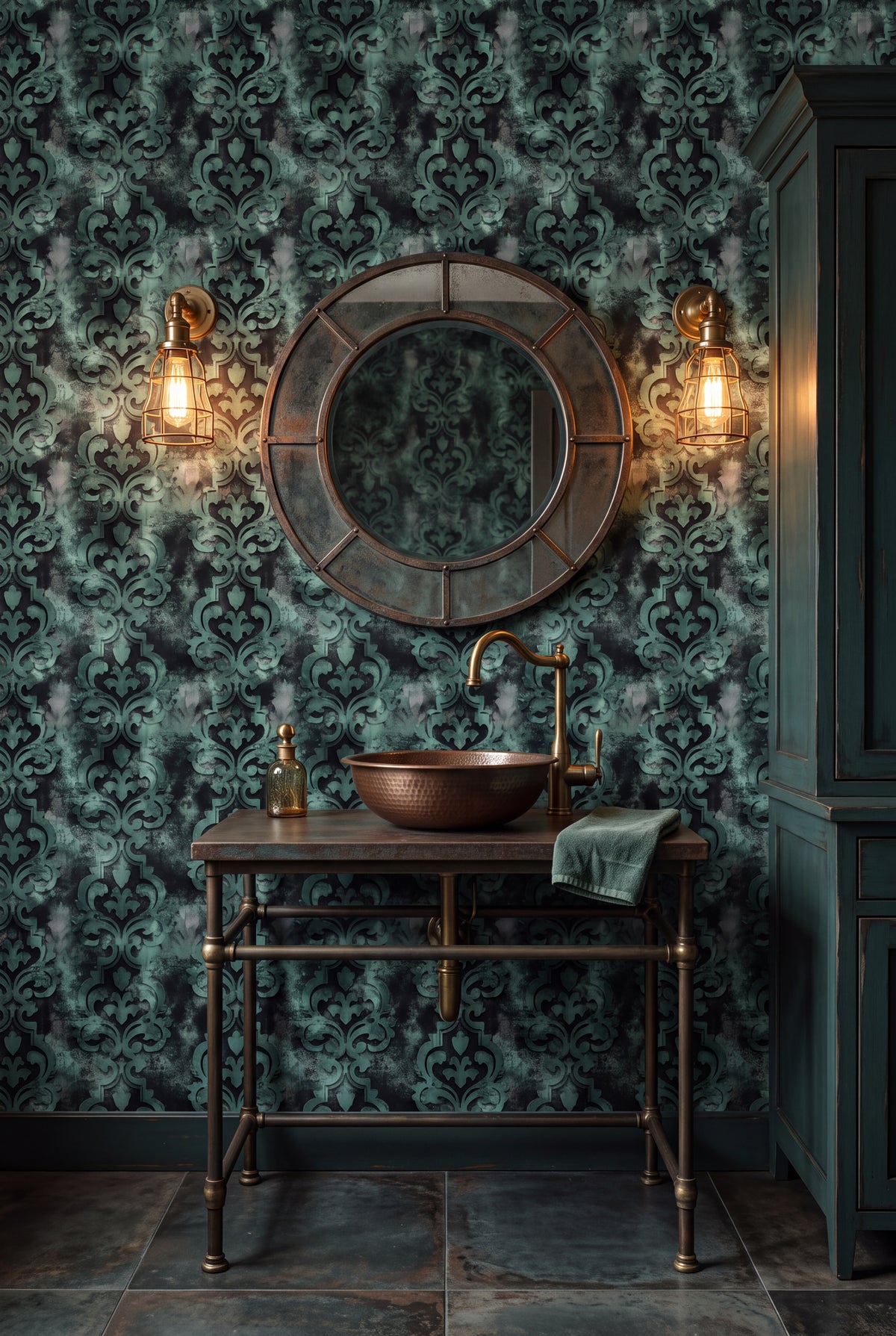 Seafoam Relic wallpaper shown in a powder room
