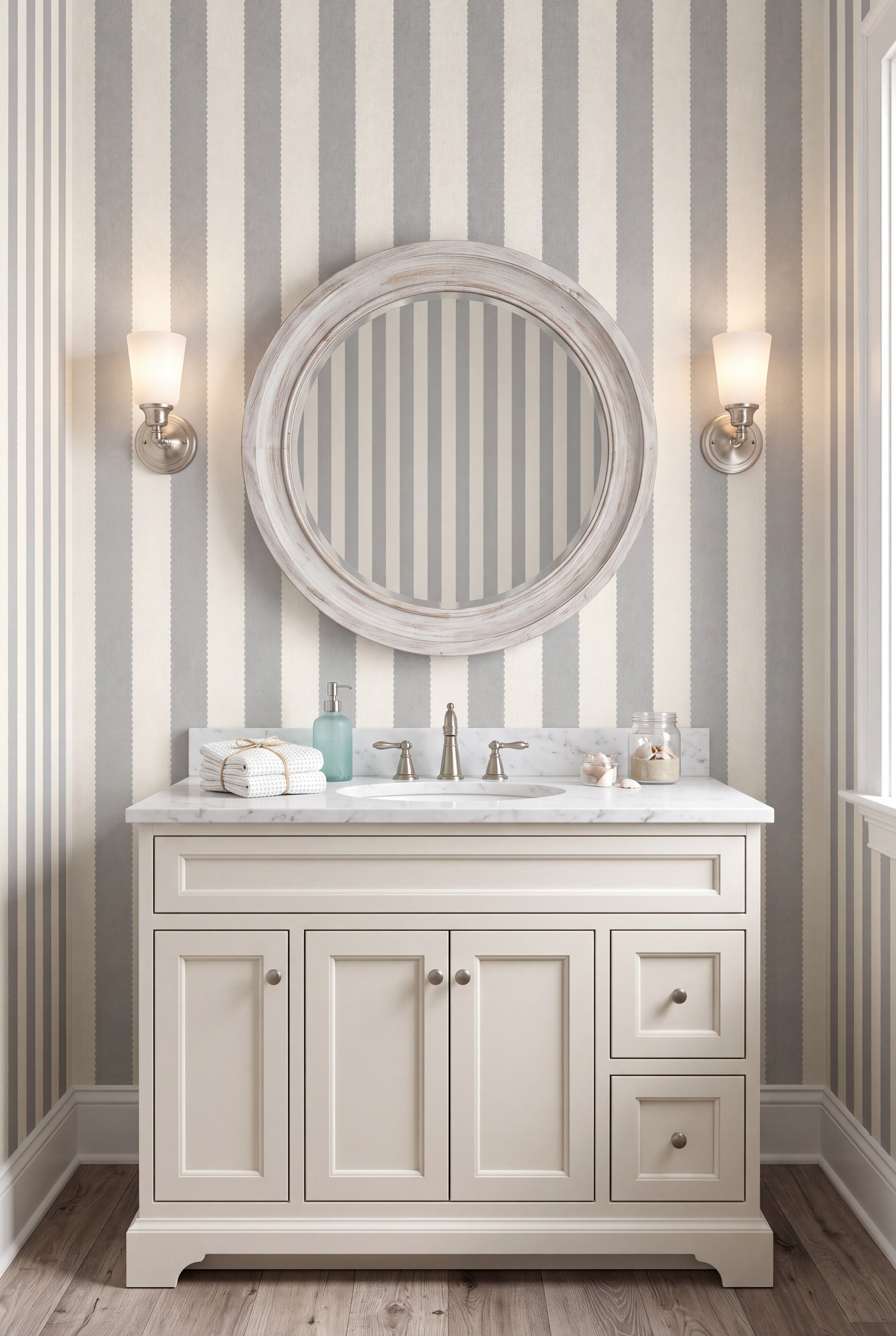 Dove Ribbon wallpaper shown in a powder room