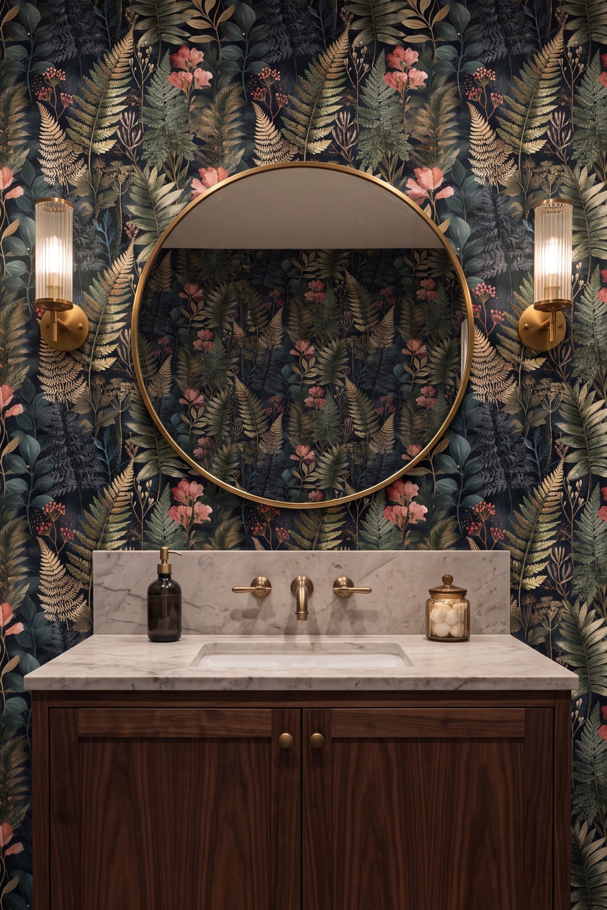 Fern Hollow wallpaper shown in a powder room