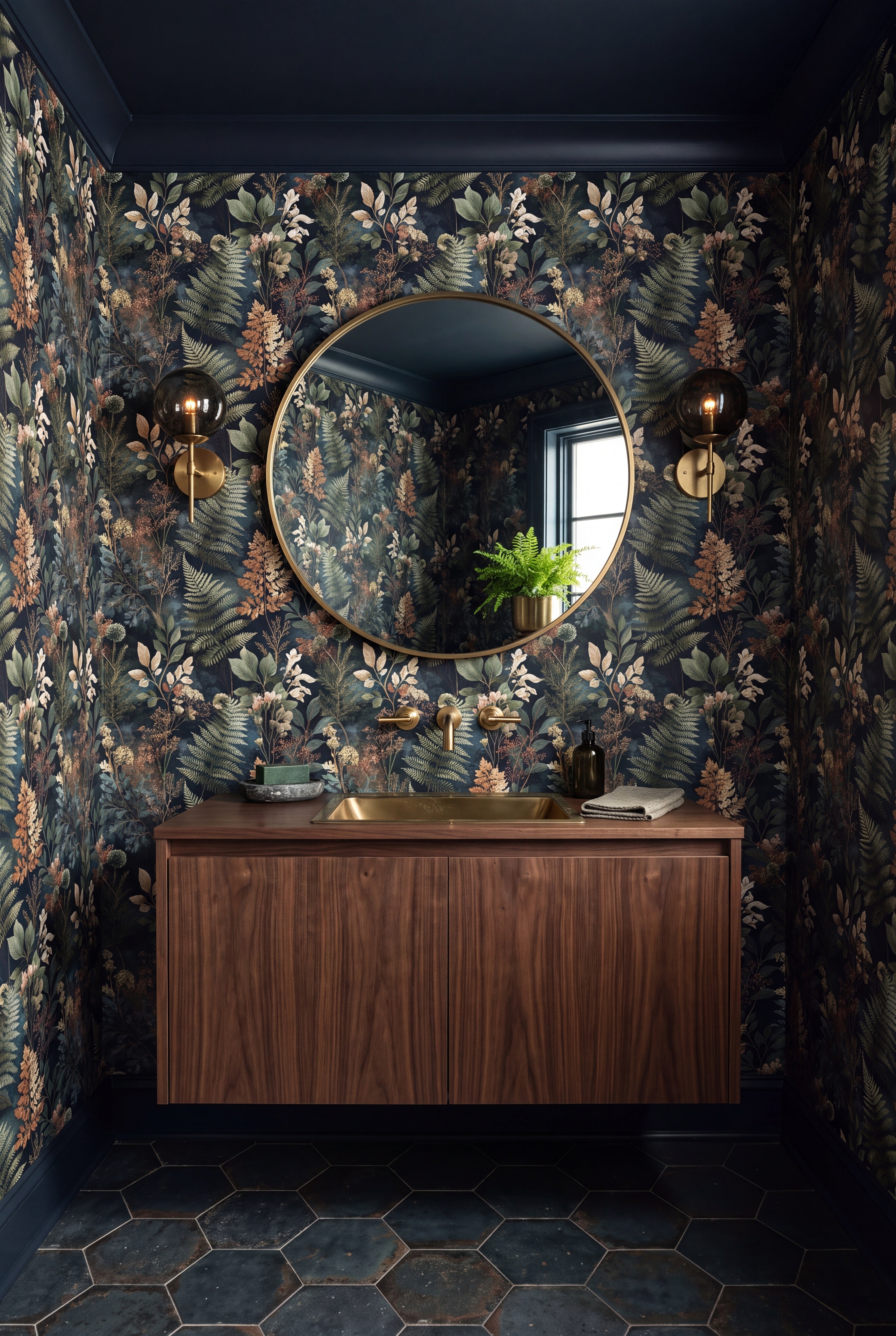 Copper Bracken wallpaper shown in a powder room