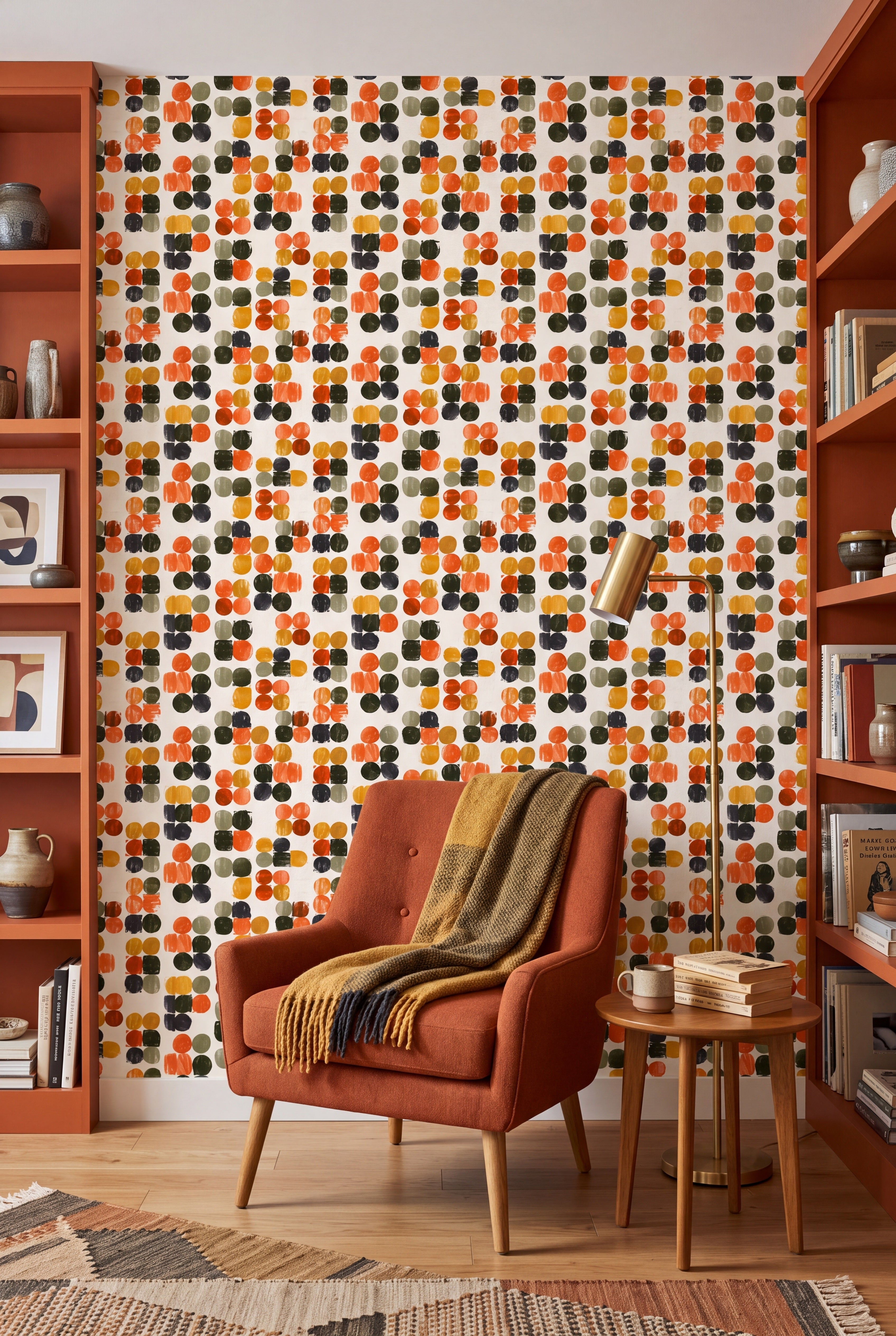 Market Dot wallpaper shown in a reading nook