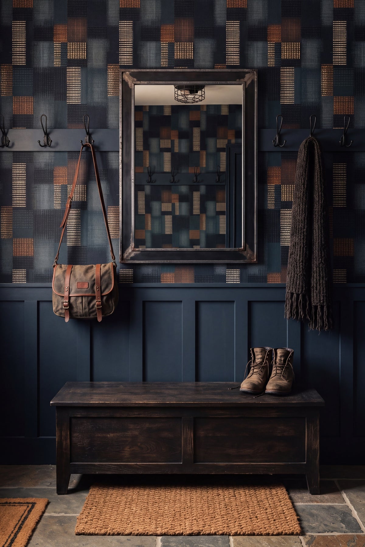 Lantern Plaid wallpaper shown in a mudroom