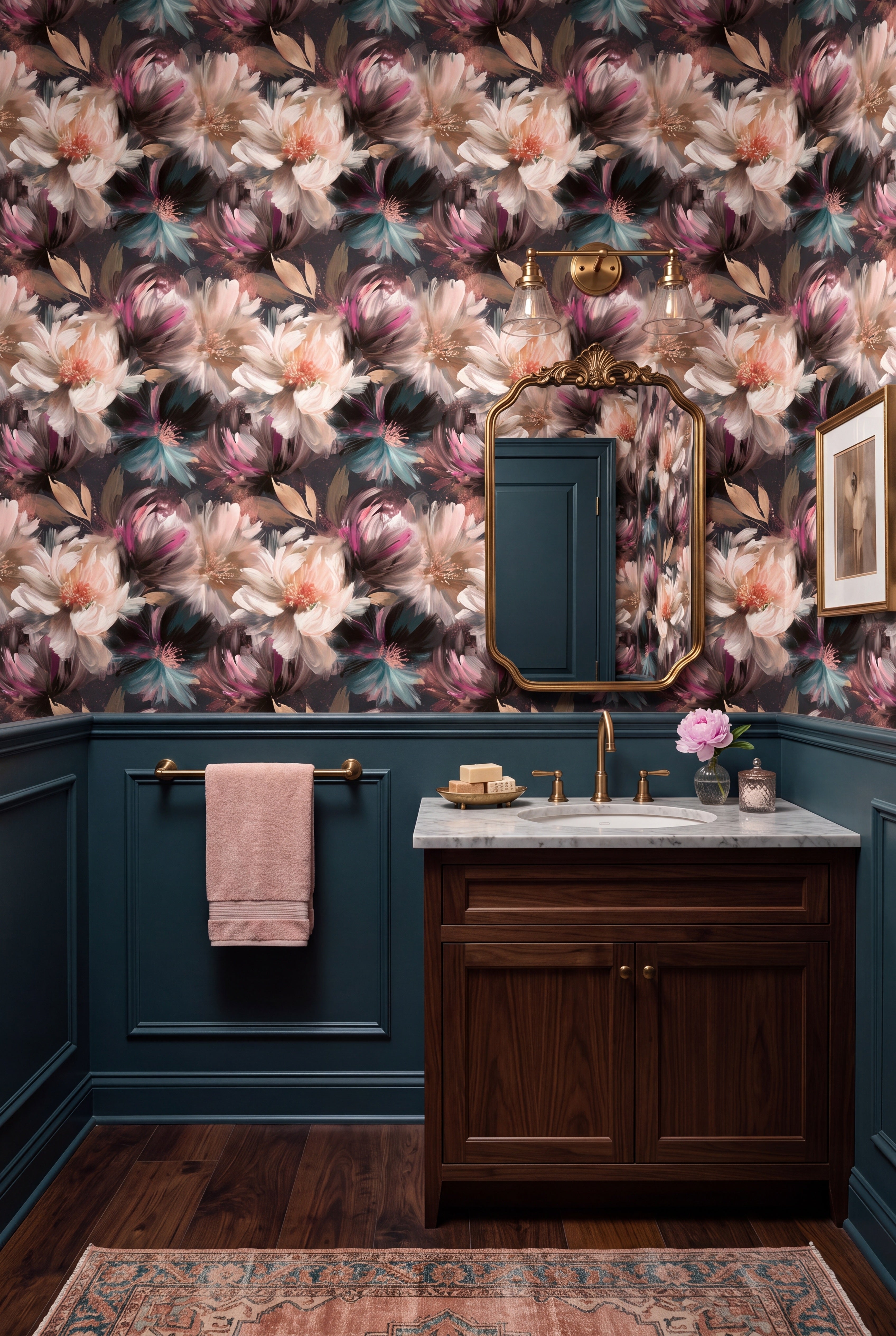 Plume Peony wallpaper shown in a powder room