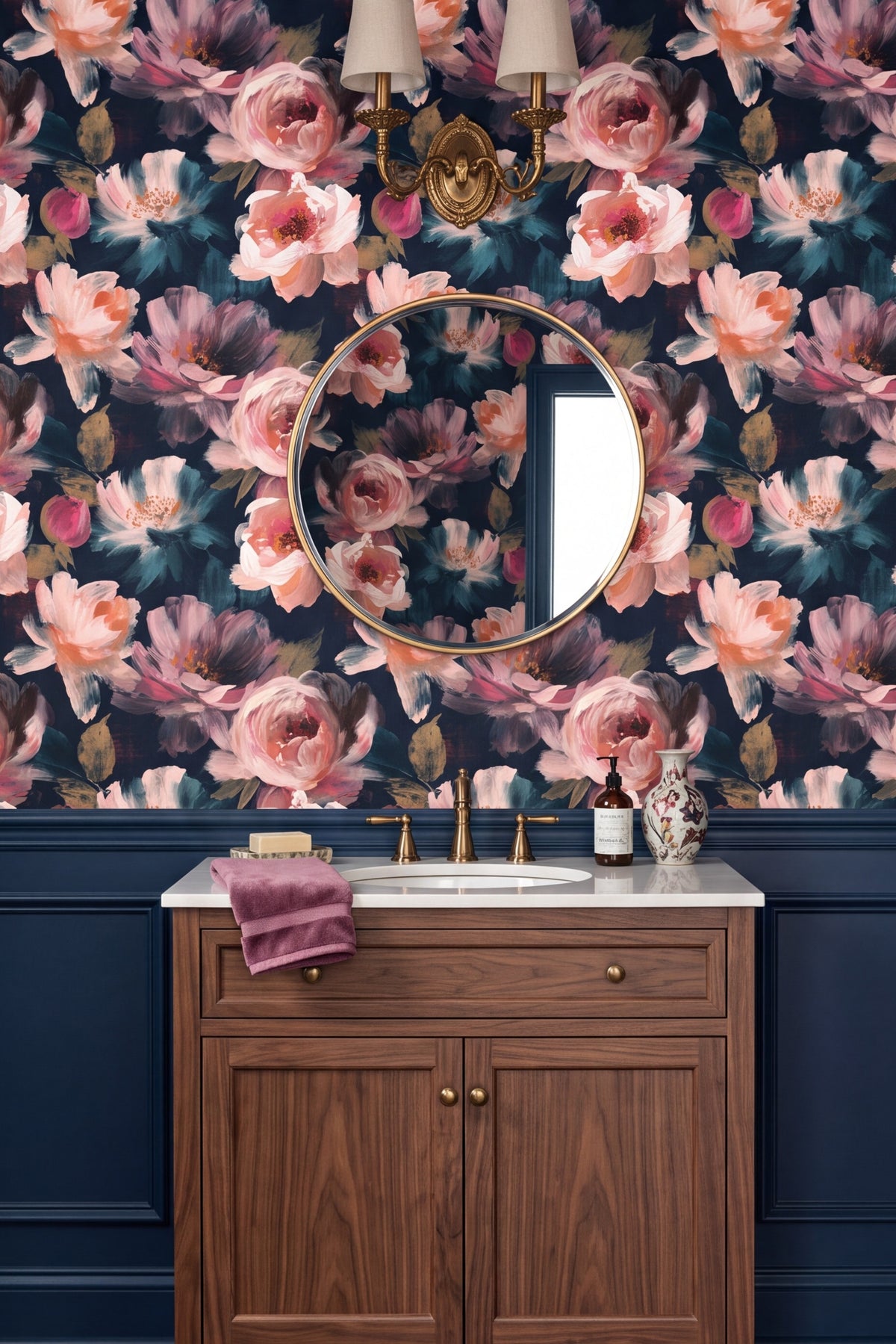 Rosewater Nocturne wallpaper shown in a powder room