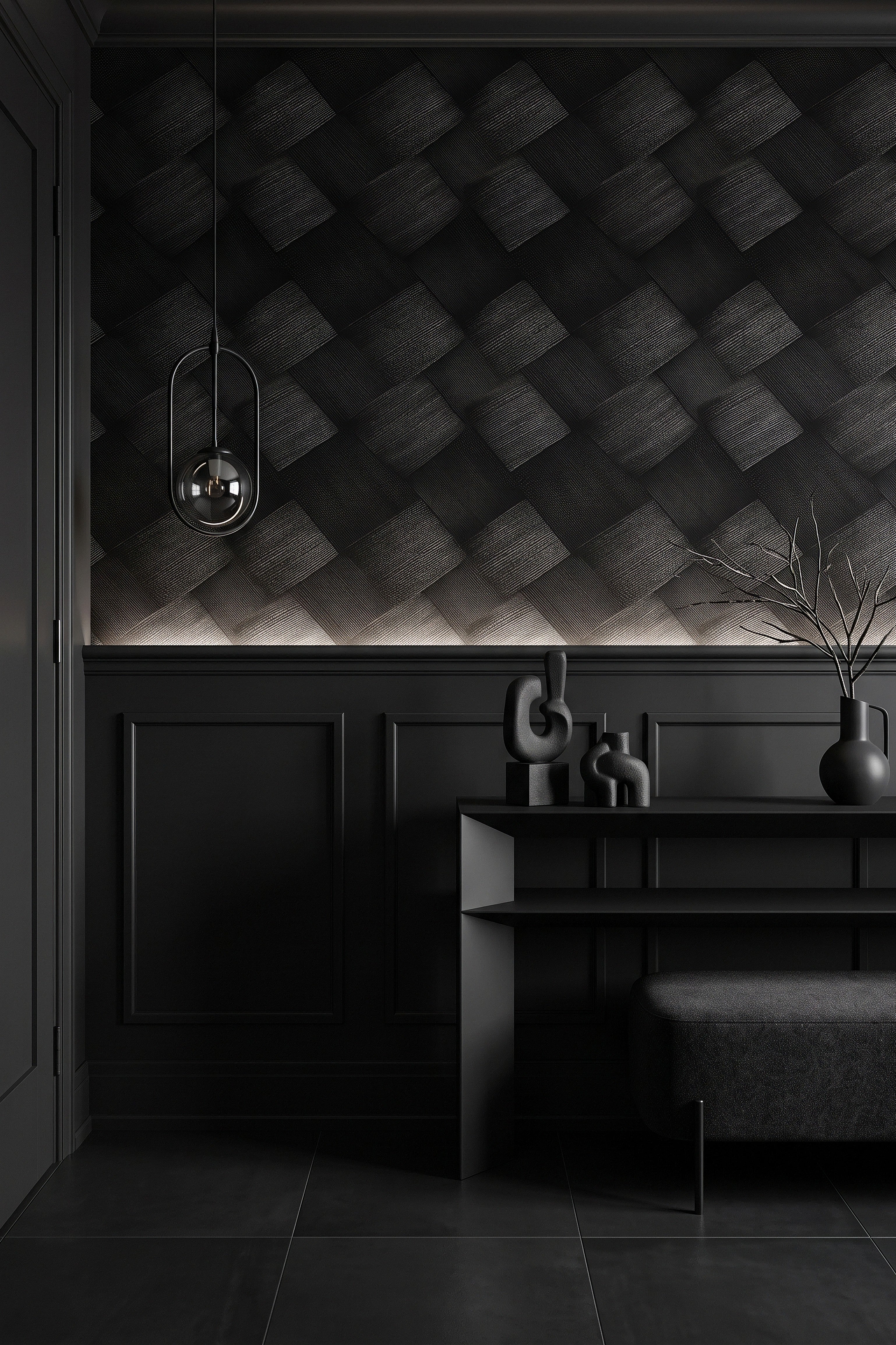 Onyx Weave wallpaper shown in an entryway