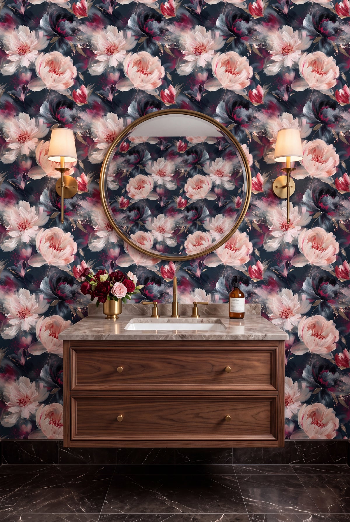 Moonlit Peony wallpaper shown in a powder room
