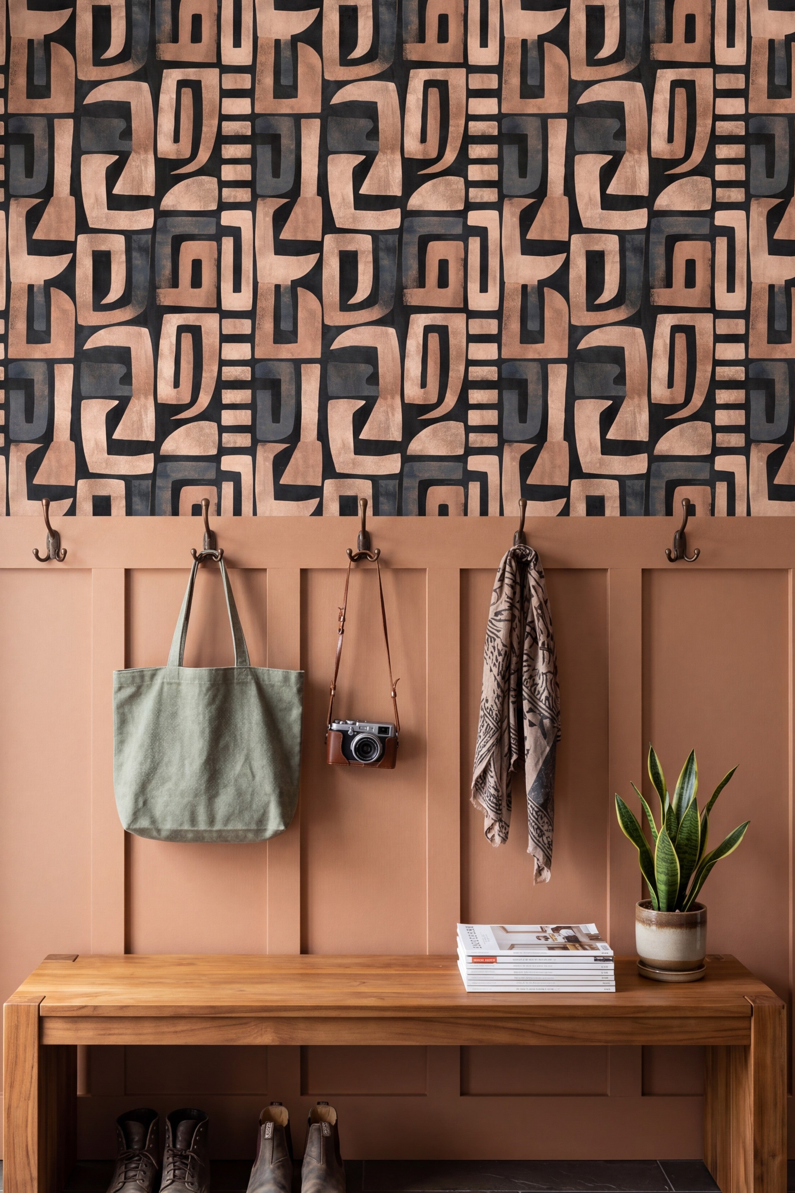 Adobe Block wallpaper shown in a mudroom