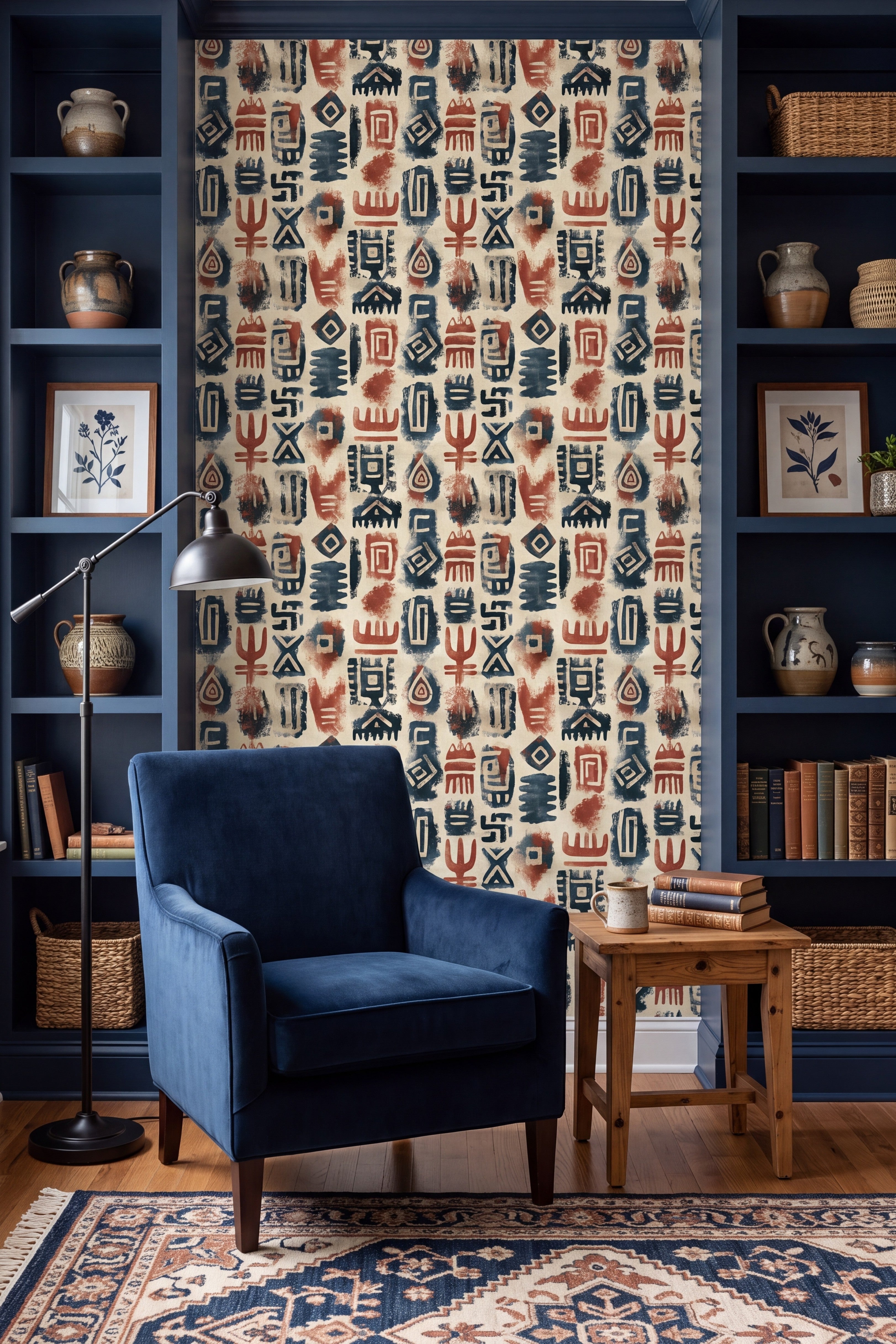Storyteller wallpaper shown in a reading nook