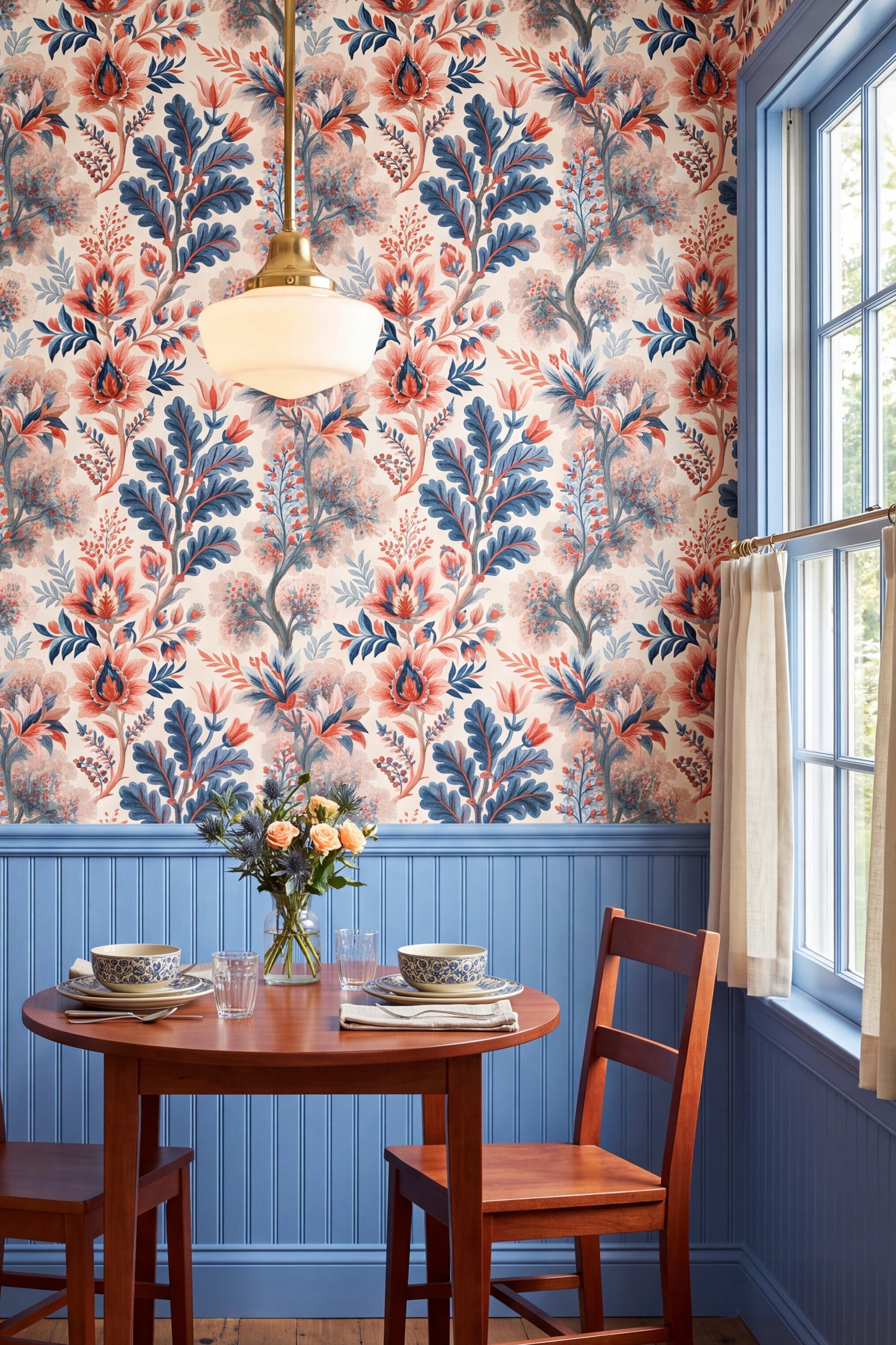 Bluecoat Garden wallpaper shown in a kitchen breakfast nook