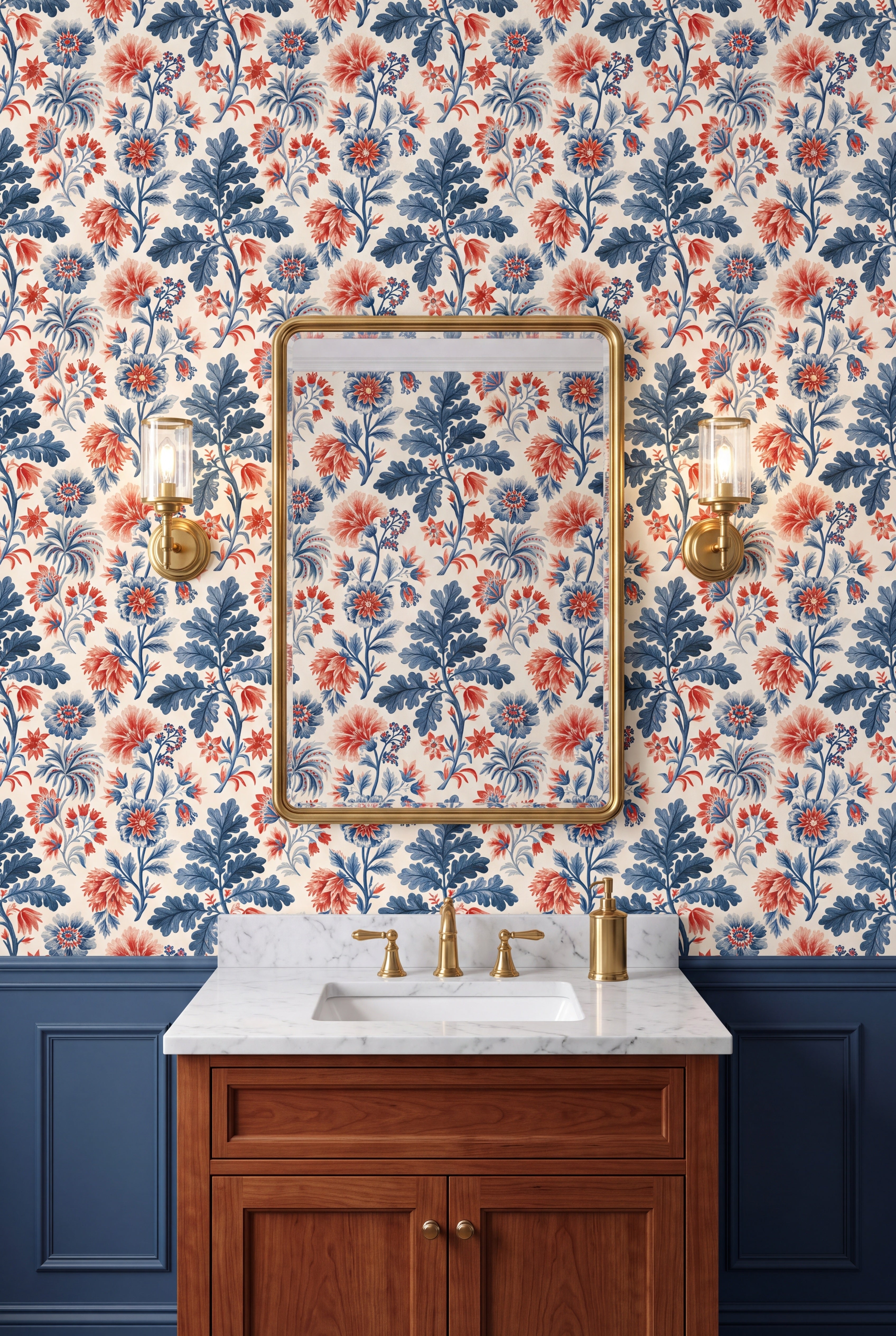Oakleaf Chintz wallpaper shown in a powder room