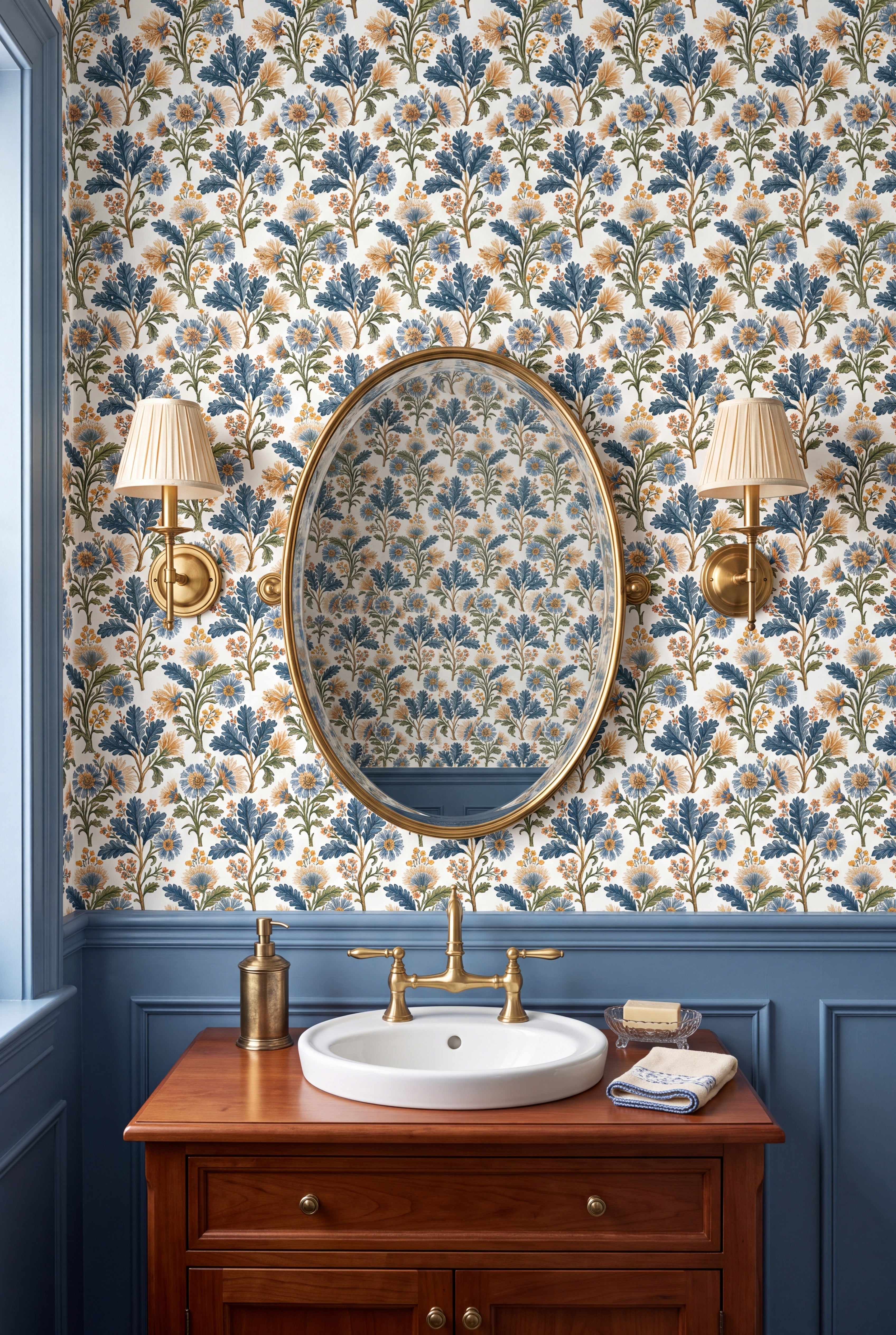 Cornflower Chintz wallpaper shown in a powder room