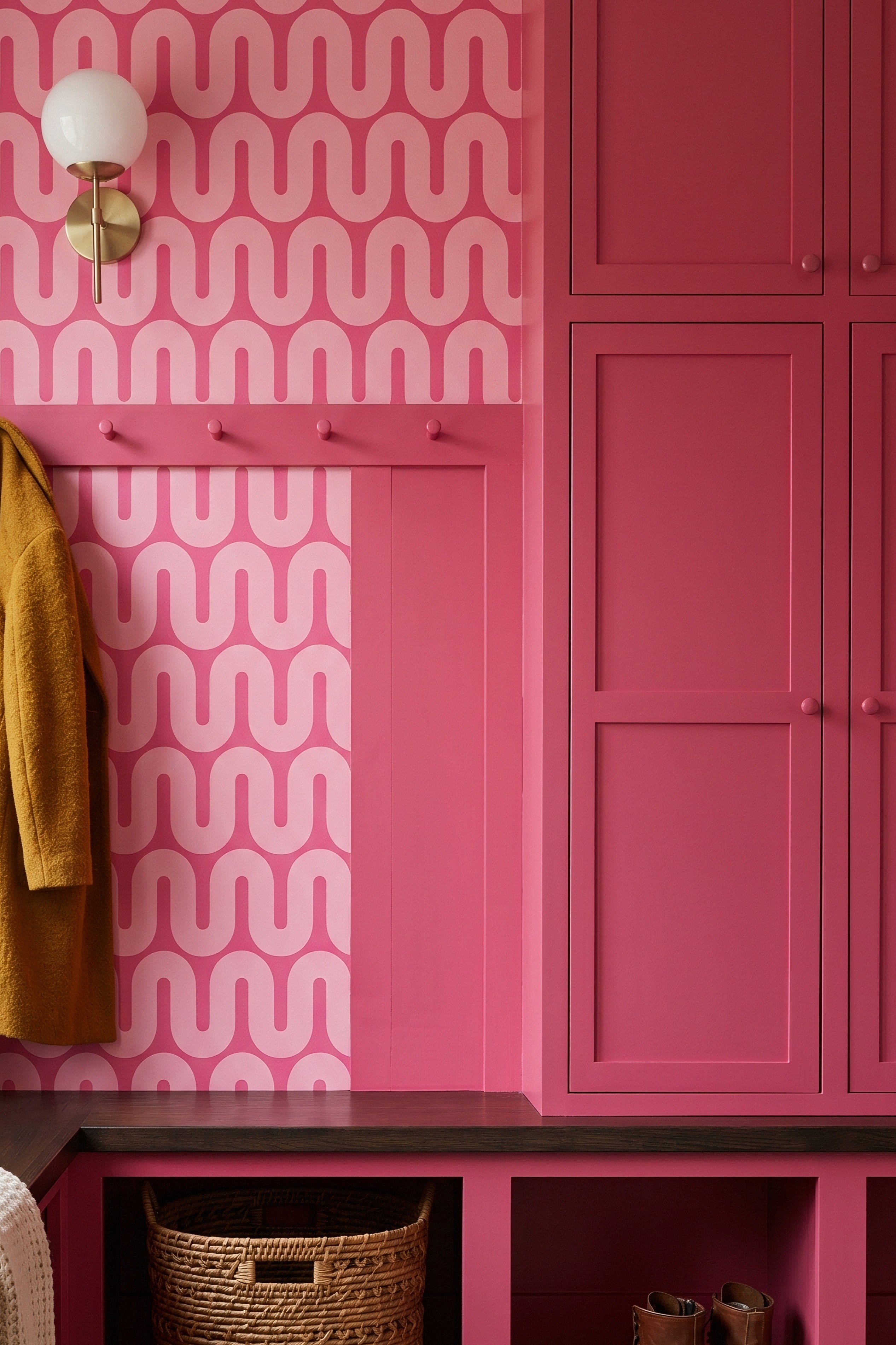 Bubblegum Pop wallpaper shown in a mudroom