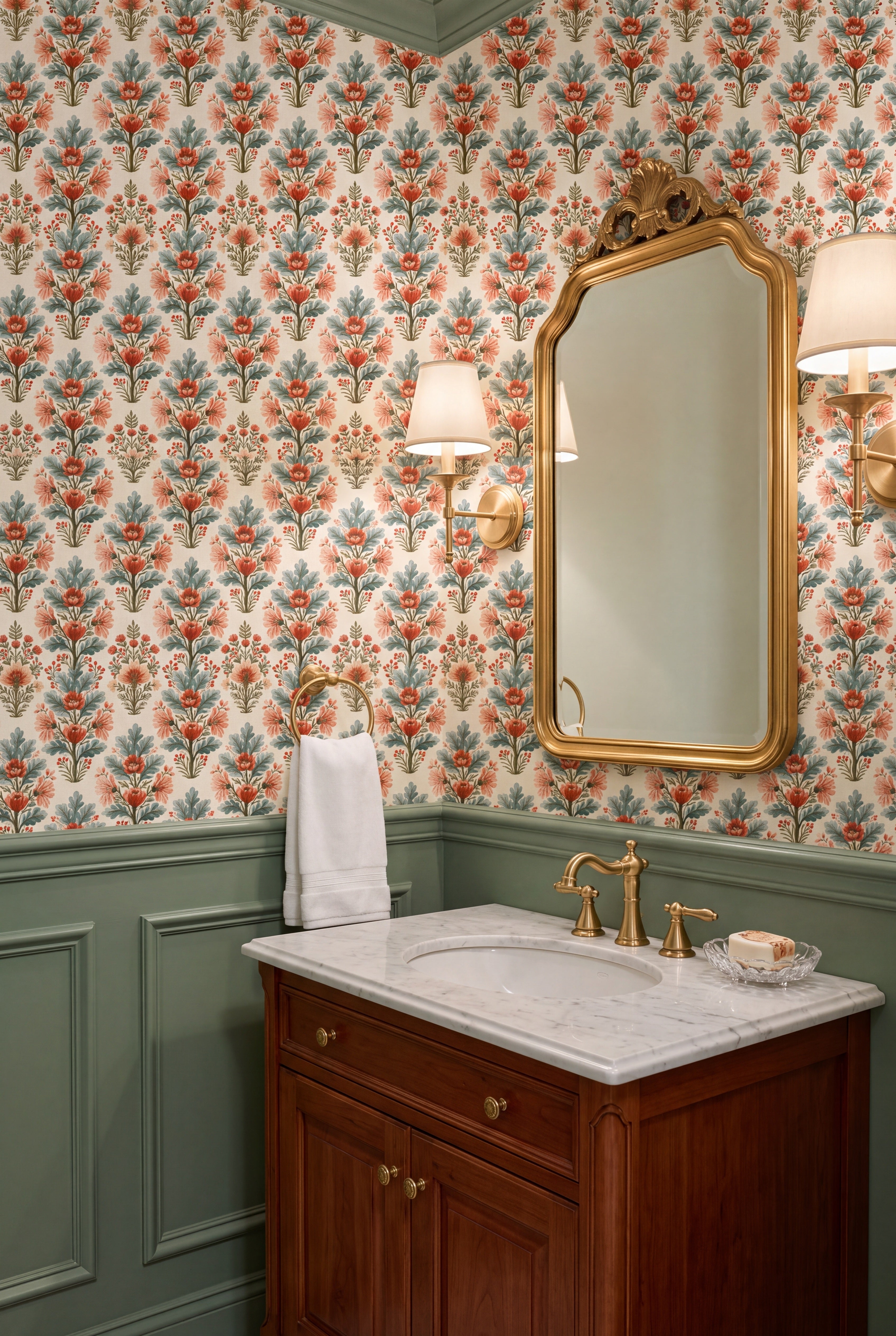 Coral Sprig wallpaper shown in a powder room