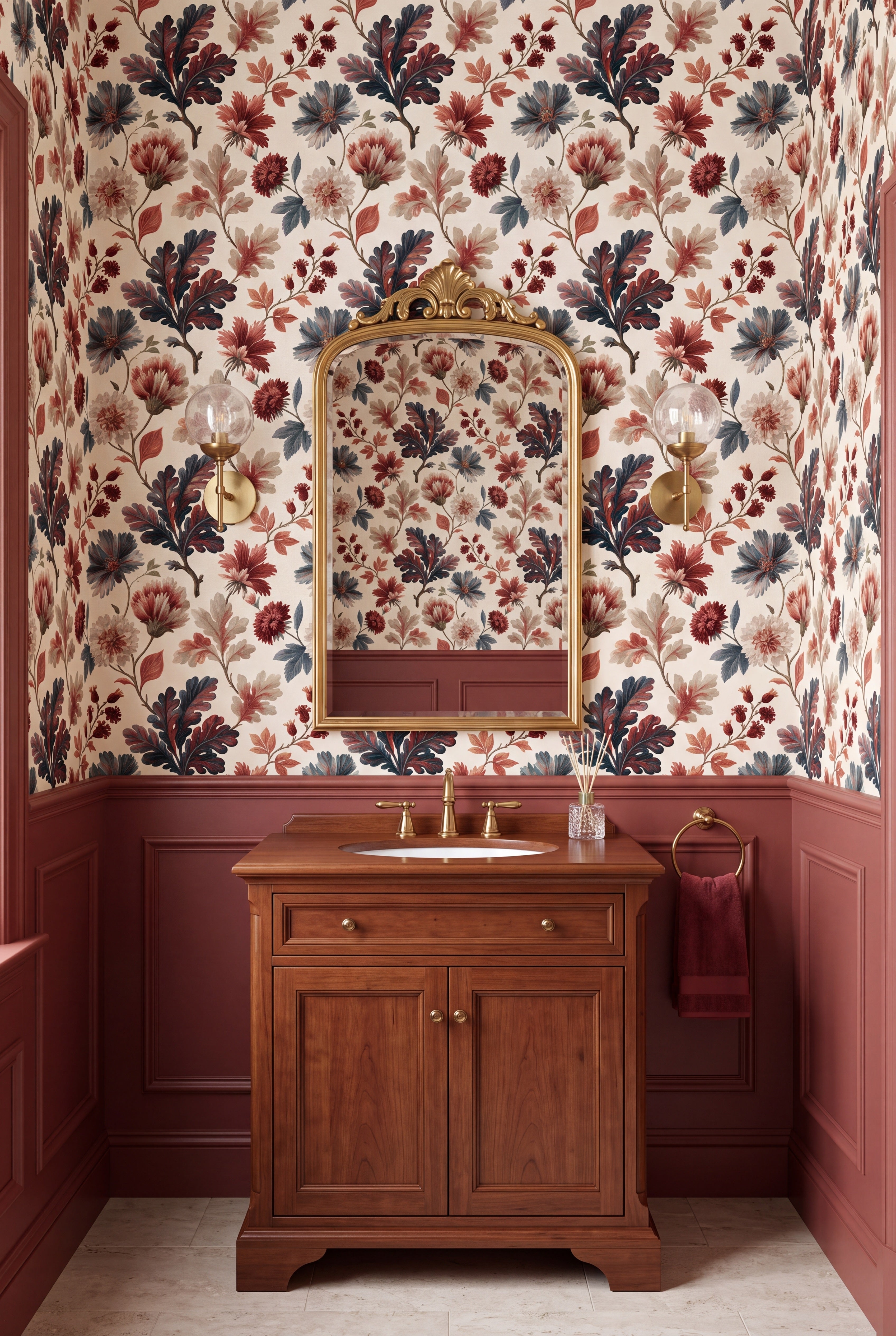 Autumn Posy wallpaper shown in a powder room