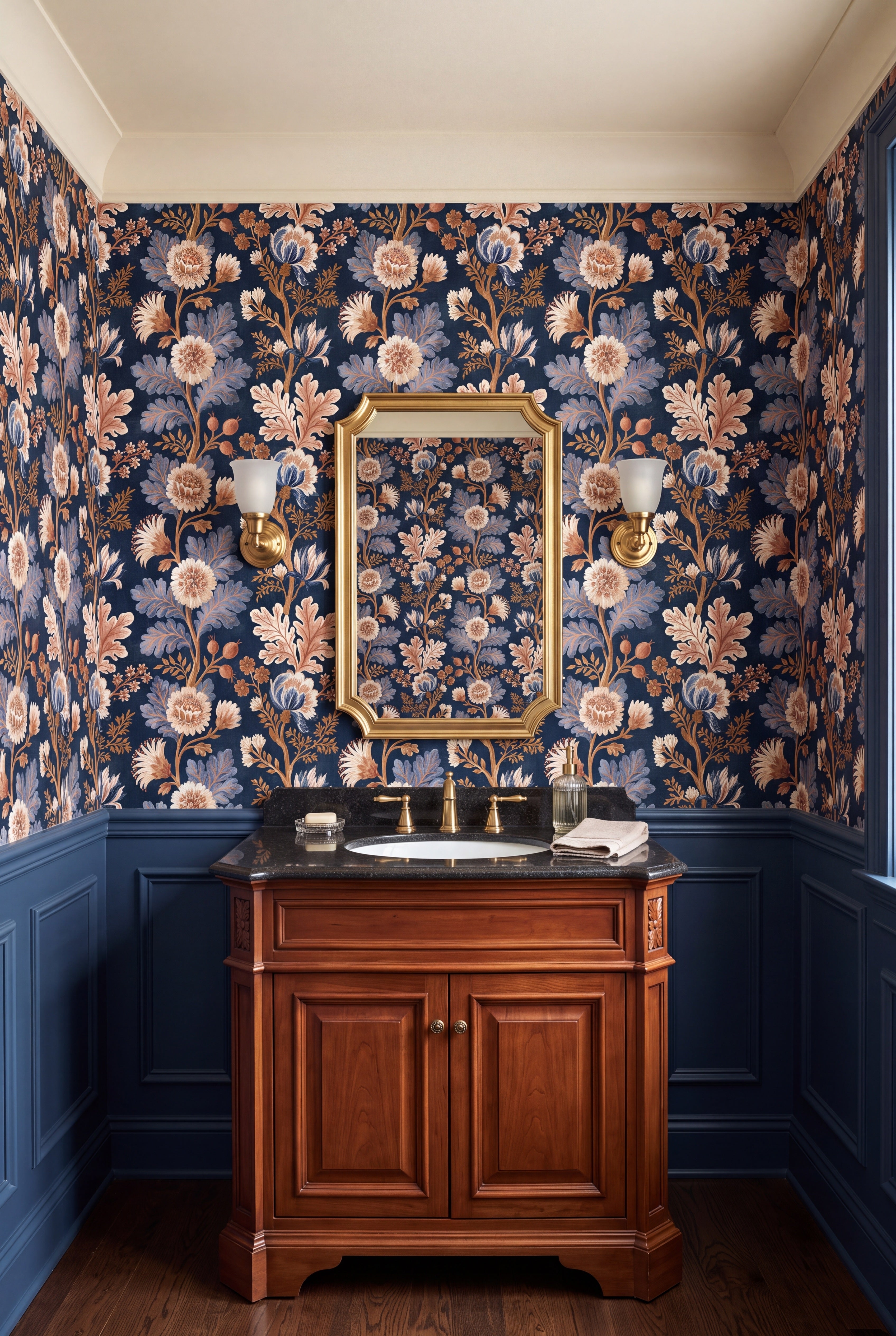 Midnight Indienne wallpaper shown in a powder room