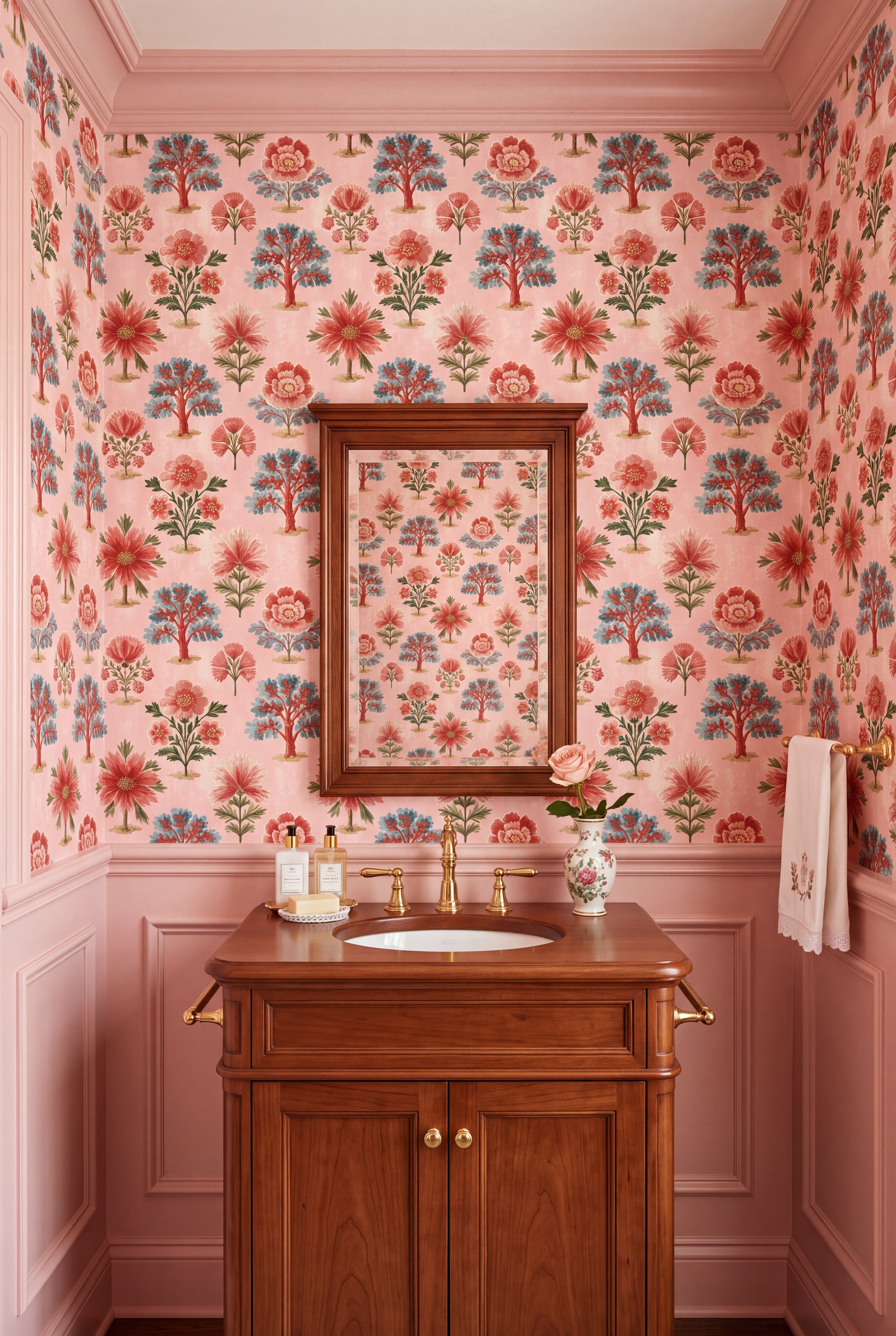 Rosy Orchard wallpaper shown in a powder room