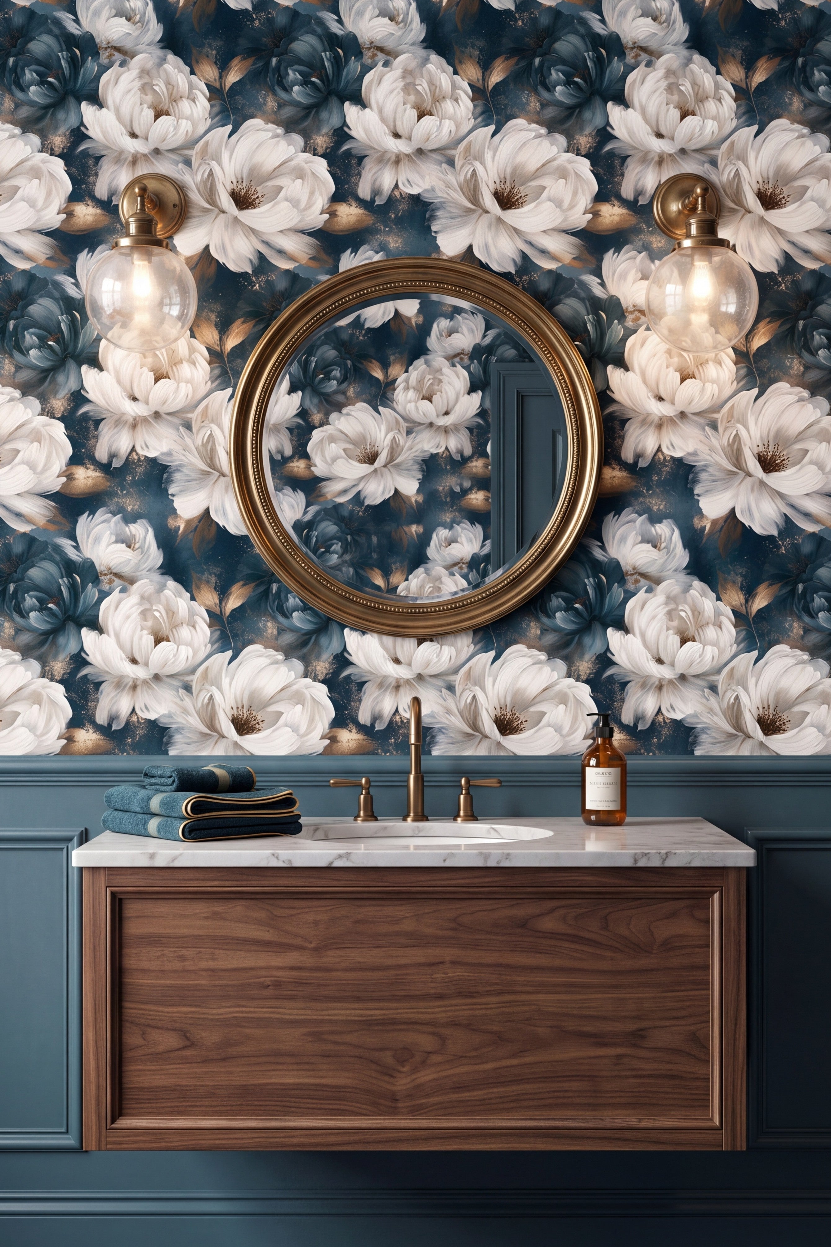 Pearl Nocturne wallpaper shown in a powder room
