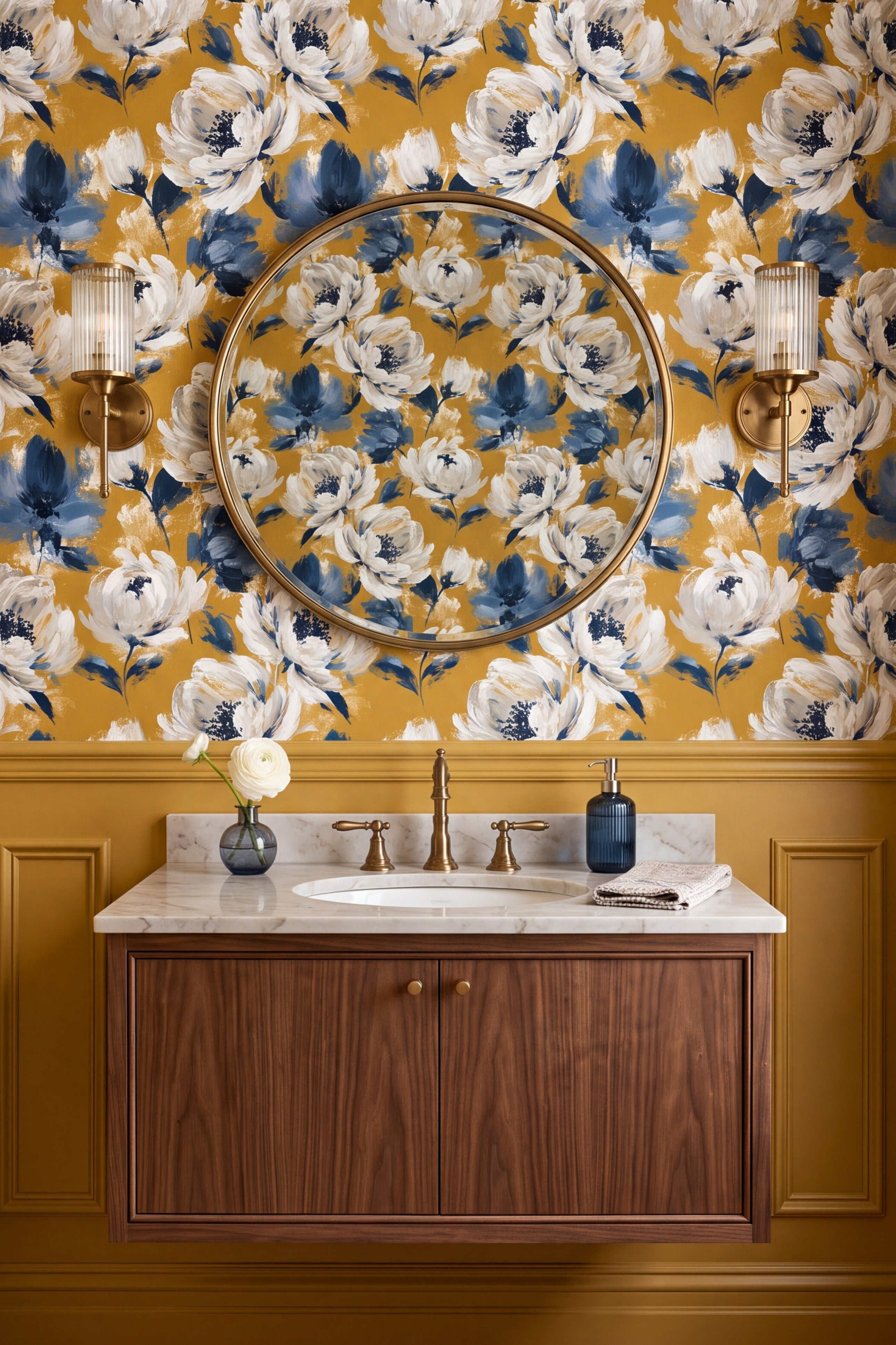 Goldenrod Bloom wallpaper shown in a powder room