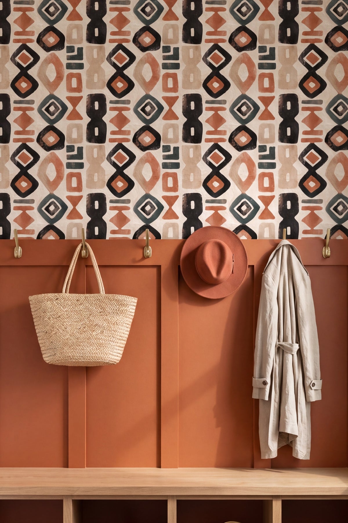 Talisman wallpaper shown in a mudroom