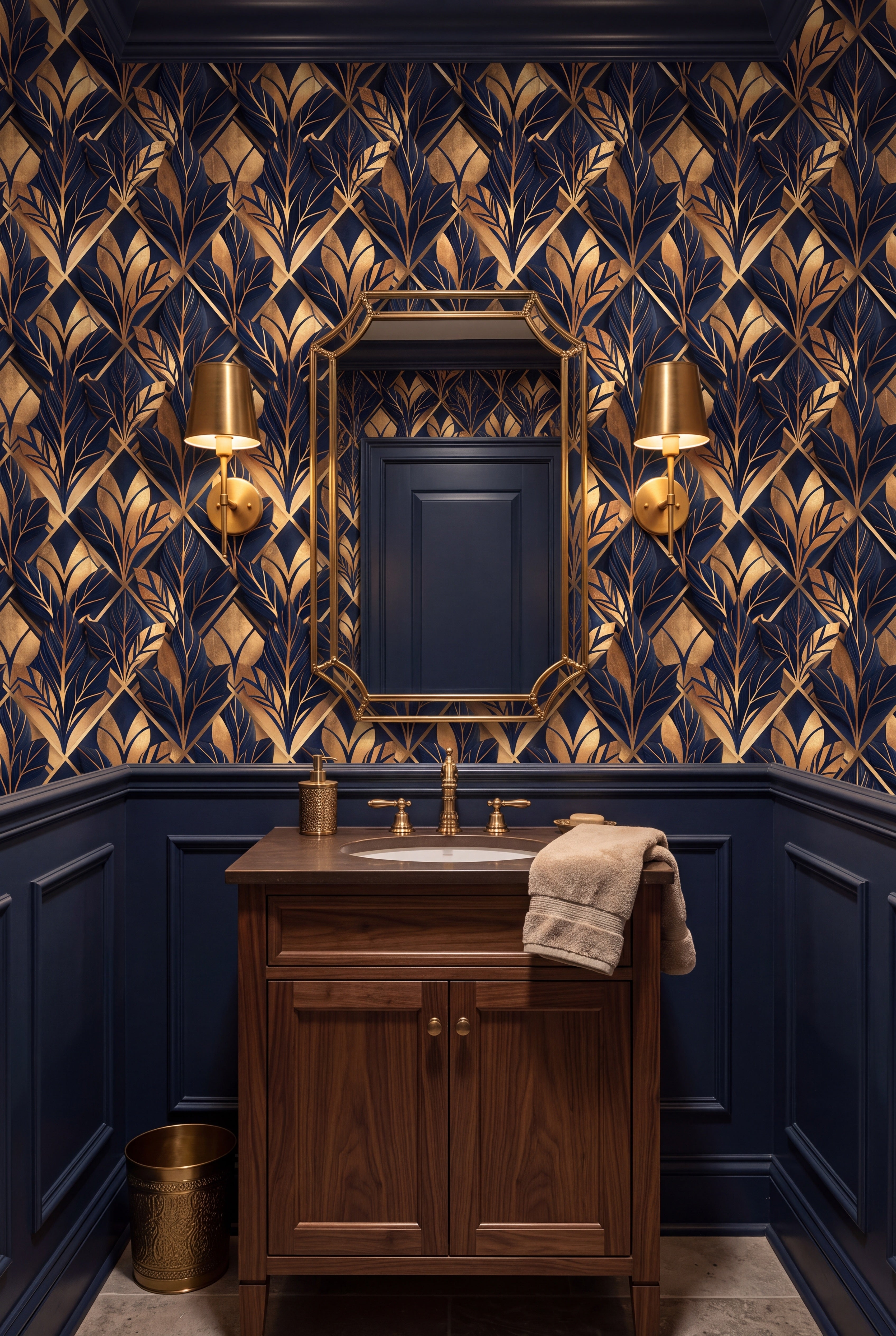Sapphire Marquee wallpaper shown in a powder room