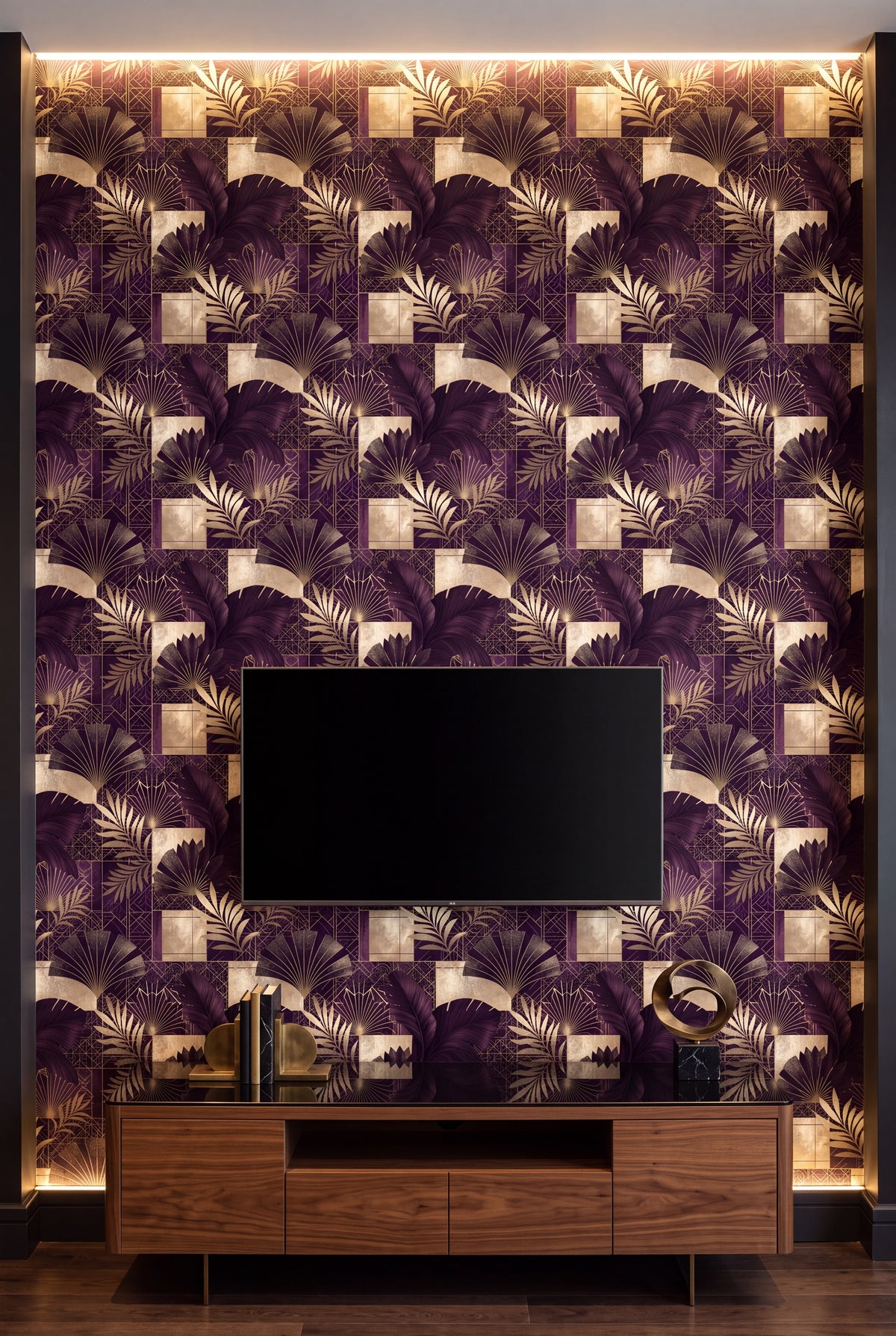 Plum Gala wallpaper shown in a media room