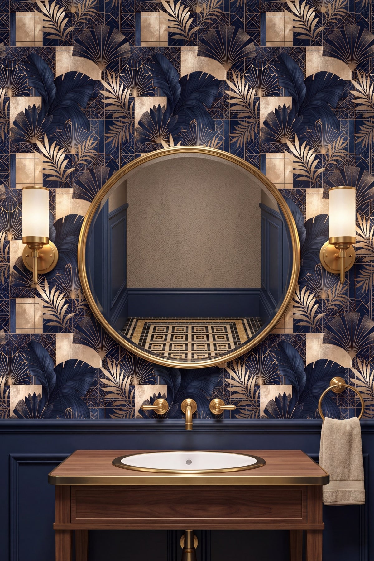 Cobalt Gala wallpaper shown in a powder room