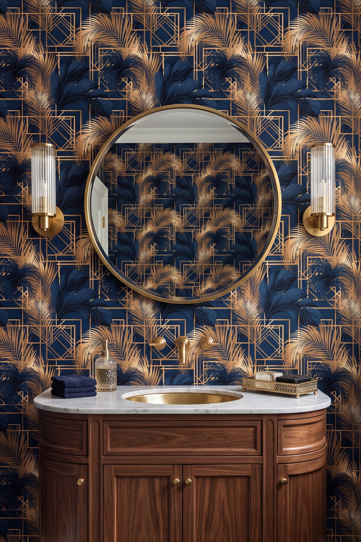 Palm Parquet wallpaper shown in a powder room
