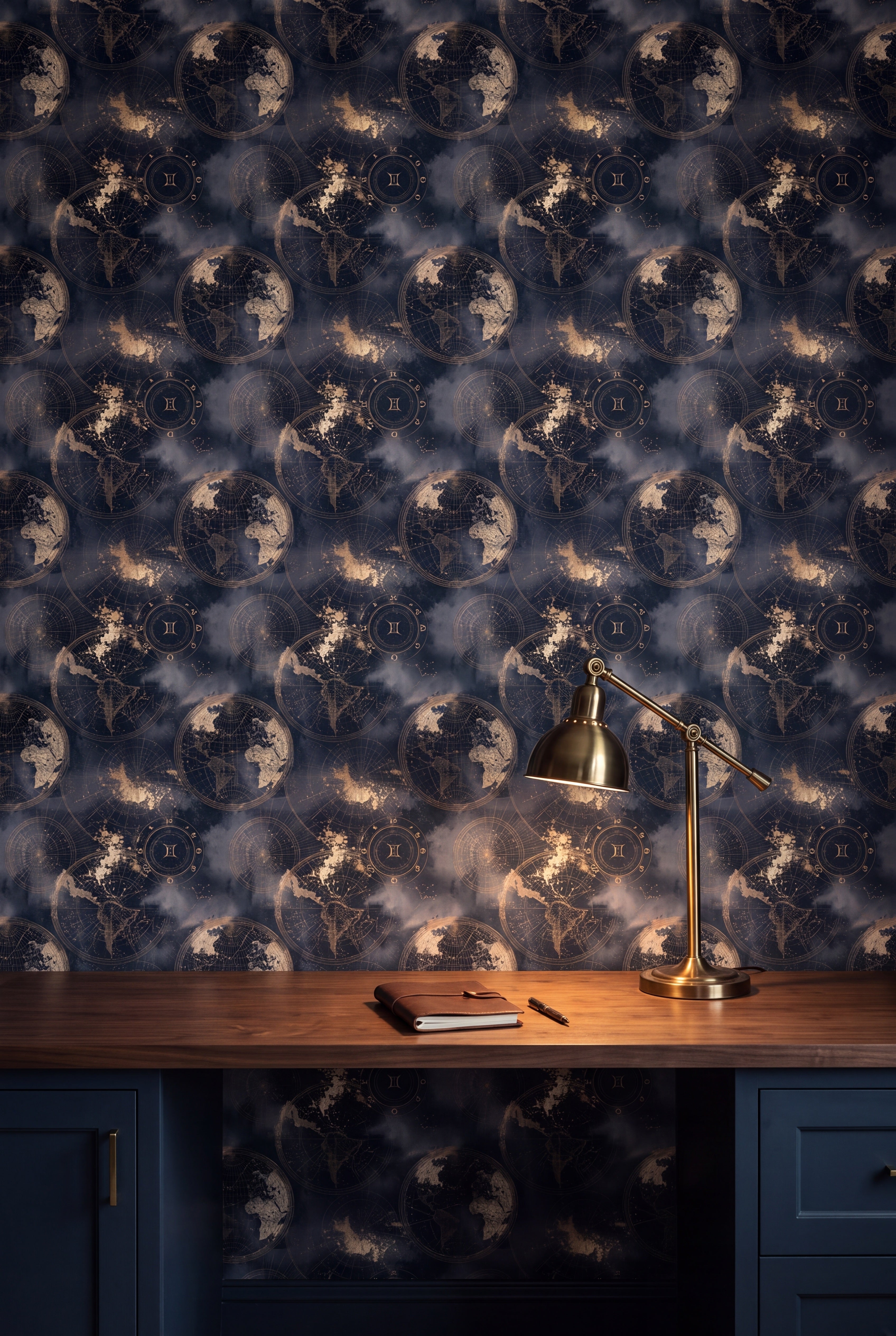 Star Atlas wallpaper shown in a home office study