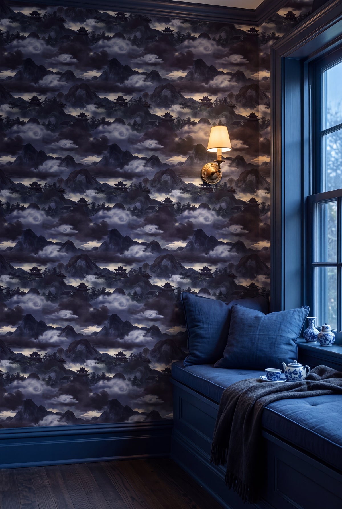 Indigo Pagoda wallpaper shown in a window seat alcove