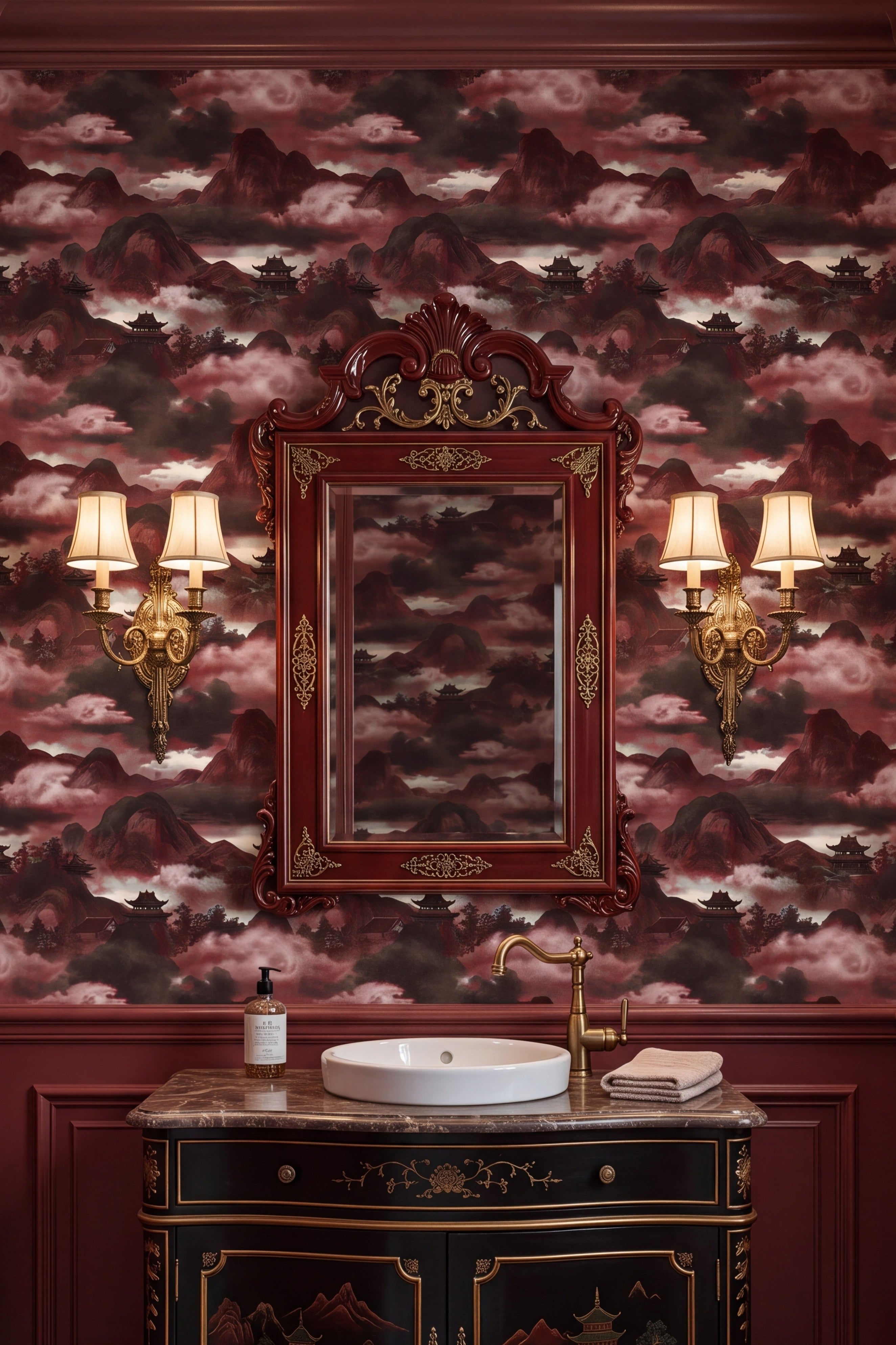 Oxblood Pagoda wallpaper shown in a powder room