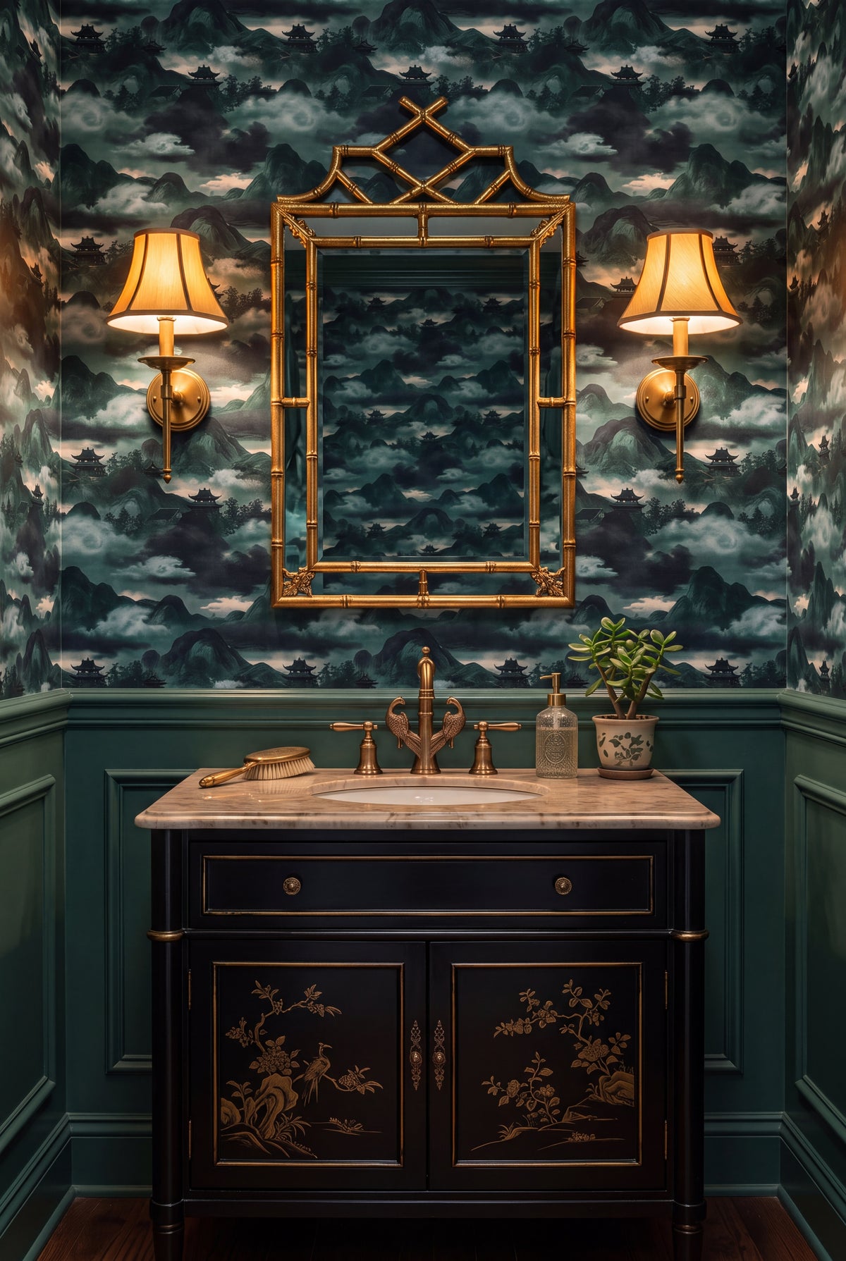 Jade Pagoda wallpaper shown in a powder room