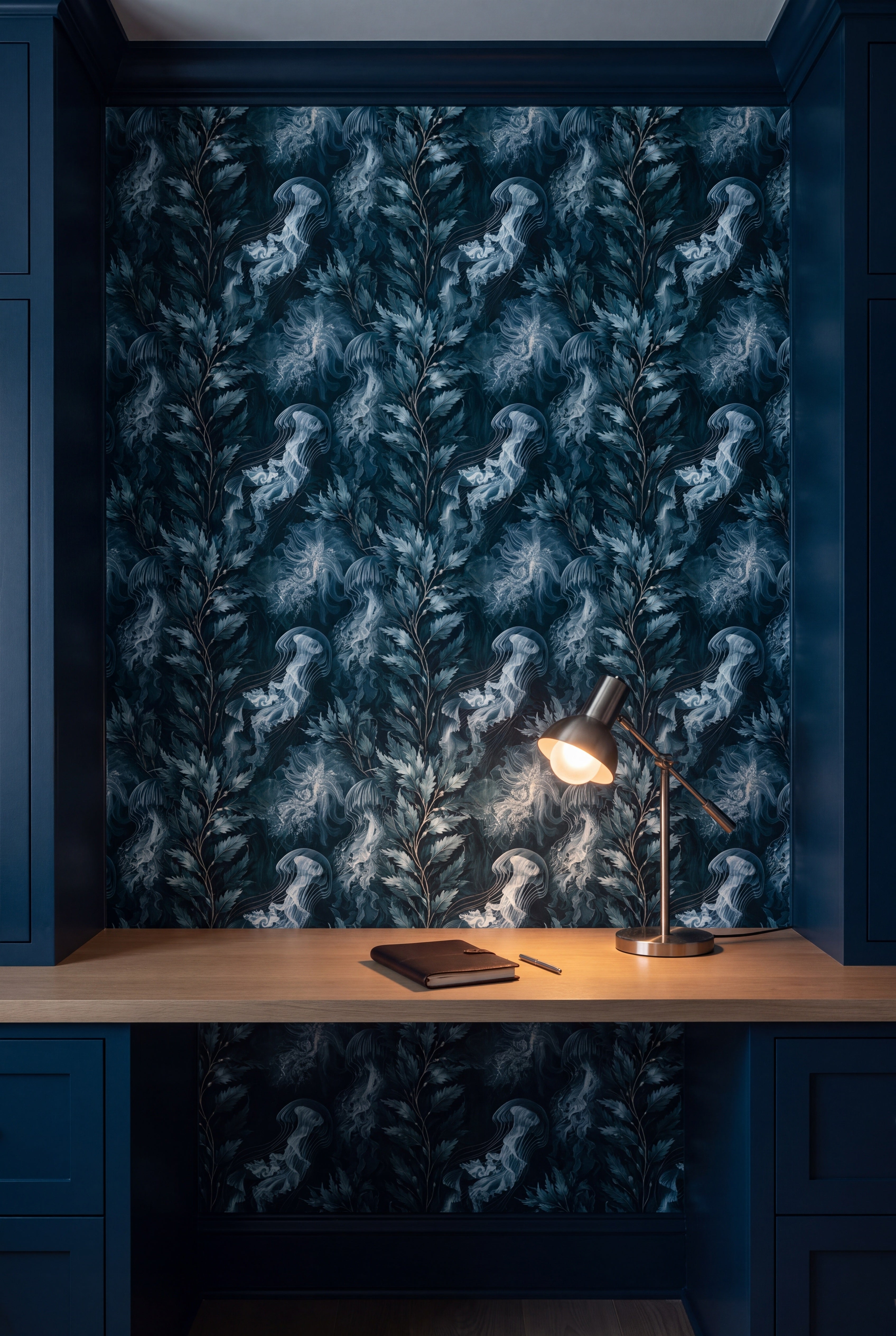 Kelp Cathedral wallpaper shown in a home office study