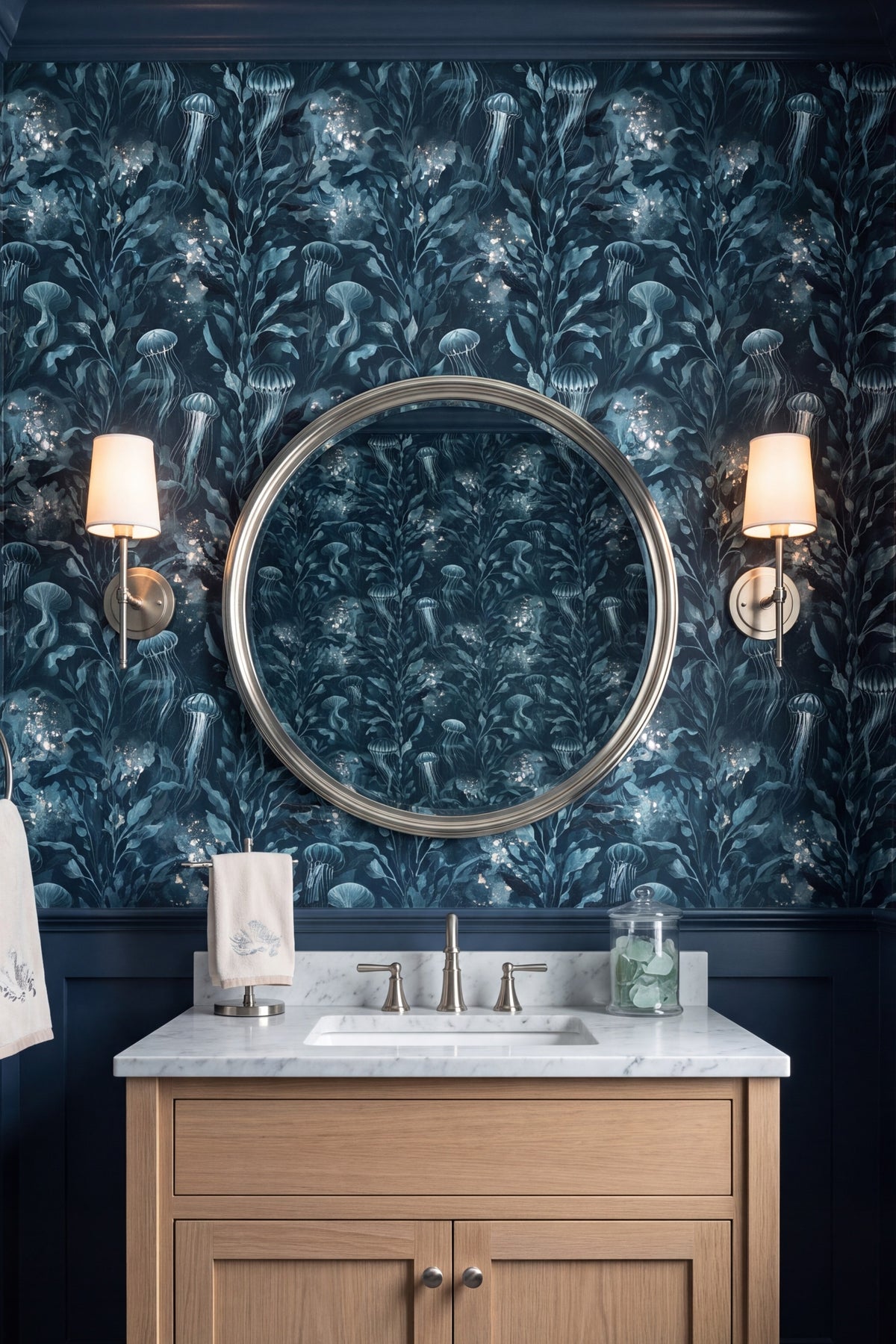 Moon Jelly wallpaper shown in a powder room